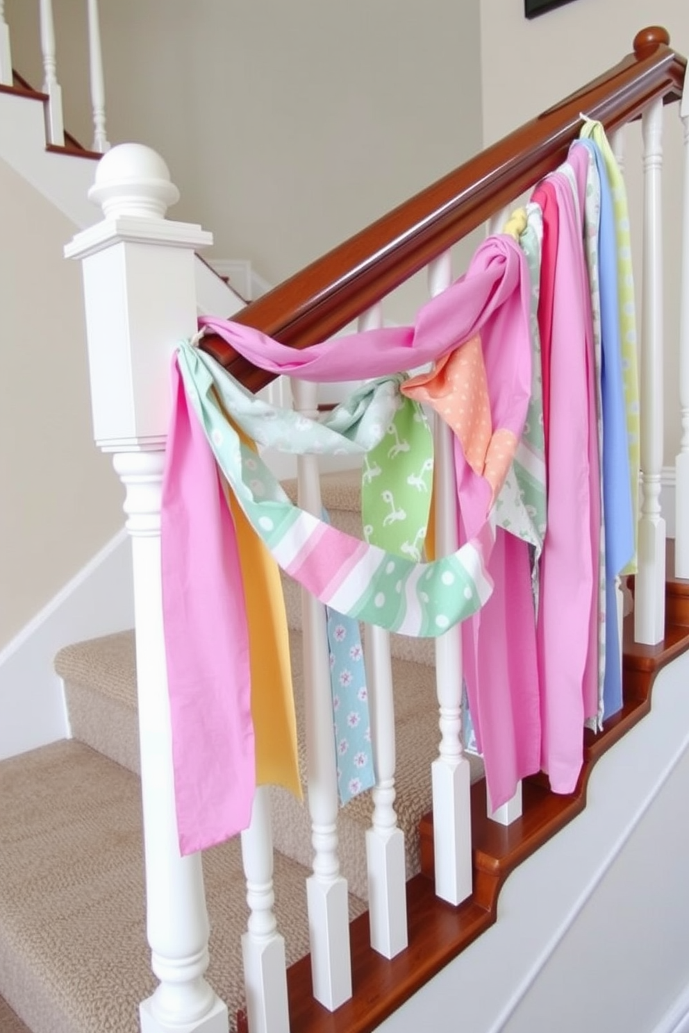 A festive staircase adorned with colorful fabric bunting draping elegantly along the railing. The bunting features a variety of pastel colors and patterns, creating a cheerful atmosphere perfect for Easter celebrations.