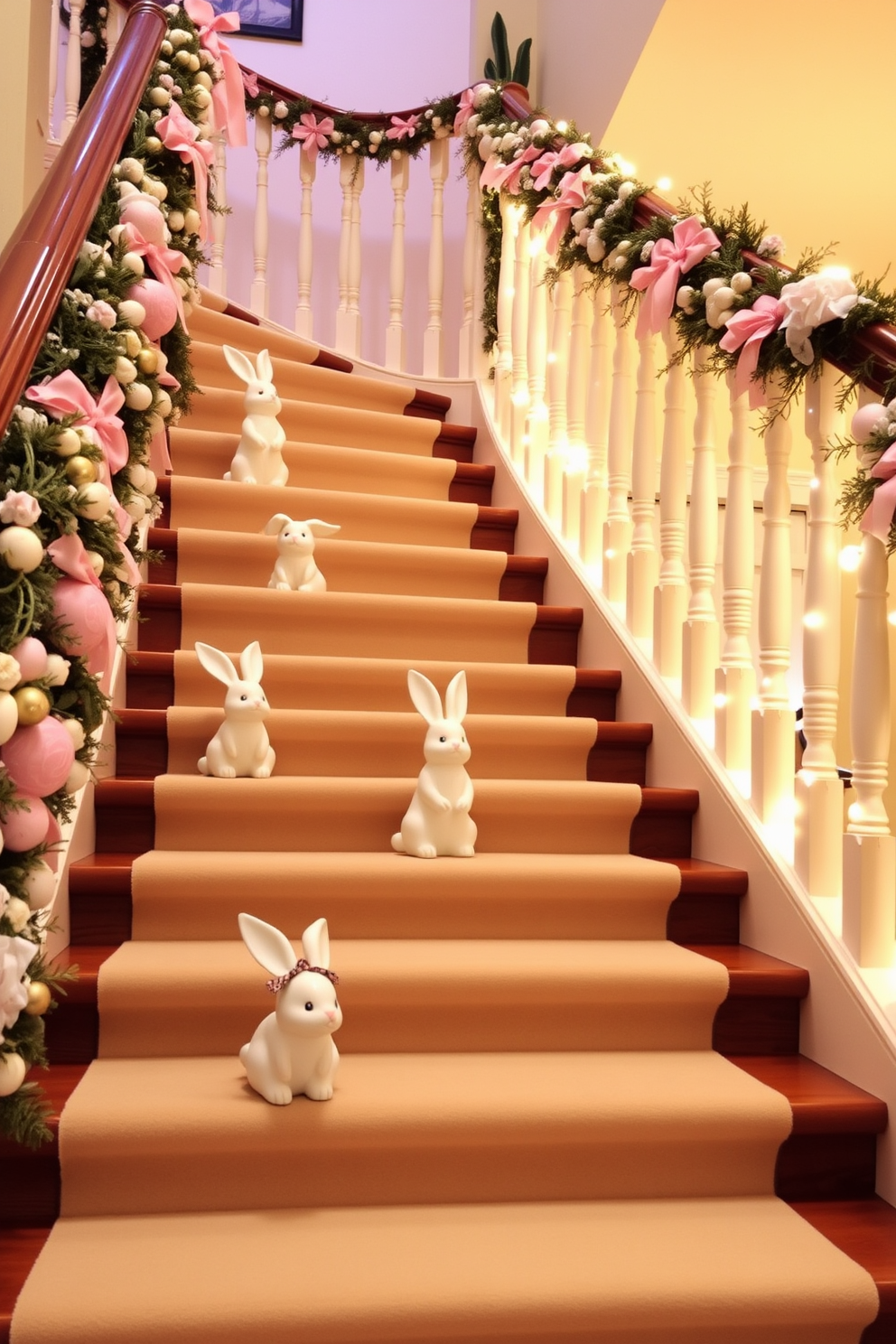 Bunny figurines are placed on each step of a beautifully decorated staircase. The staircase is adorned with pastel-colored garlands and soft, warm lighting to create a festive Easter atmosphere.