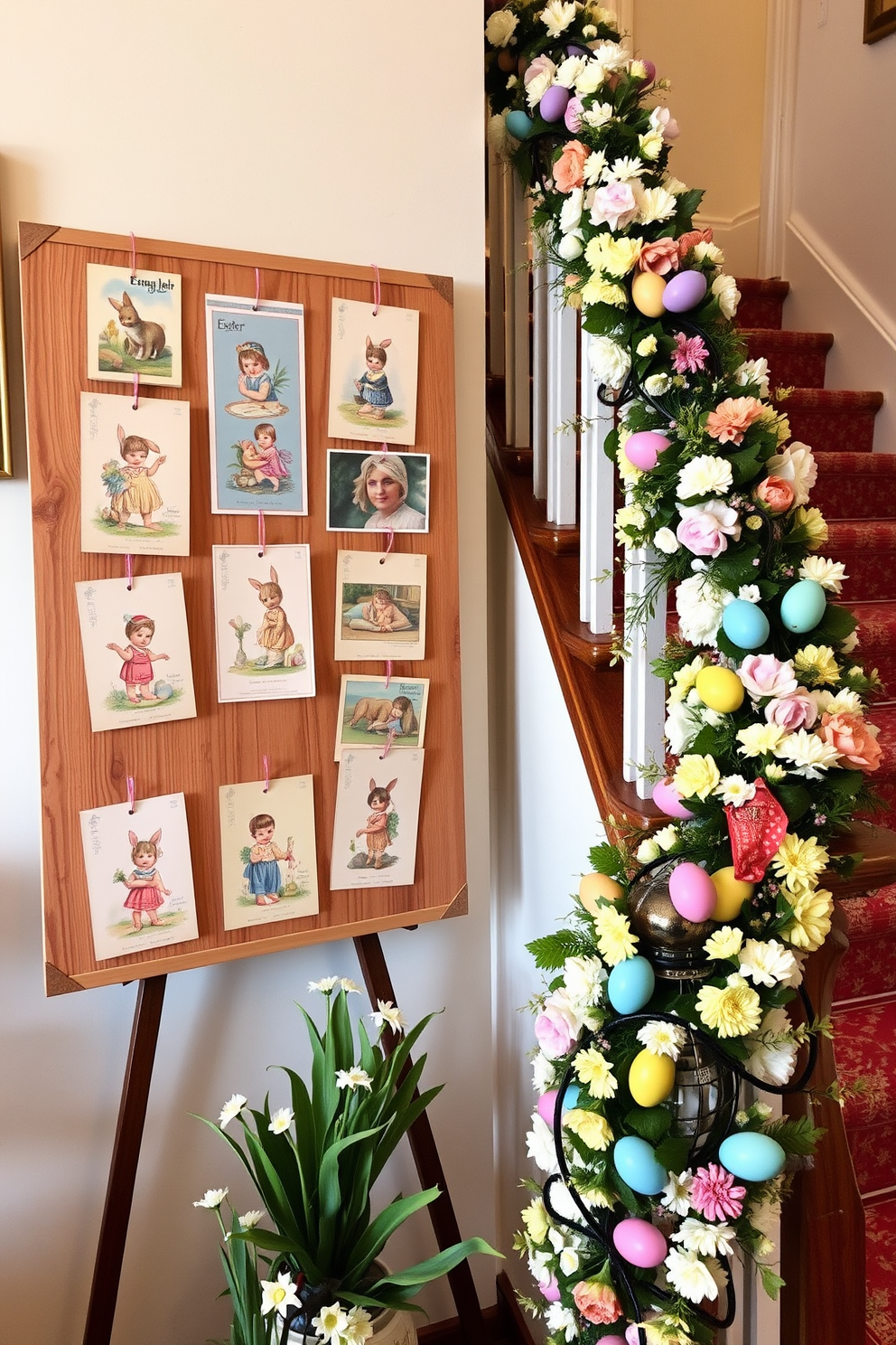 A collection of vintage Easter postcards arranged artistically on a wooden display board. The postcards feature pastel colors and charming illustrations, creating a nostalgic and festive atmosphere. A beautifully decorated staircase adorned with garlands of spring flowers and colorful Easter eggs. Soft lighting highlights the decorations, enhancing the warm and inviting feel of the space.