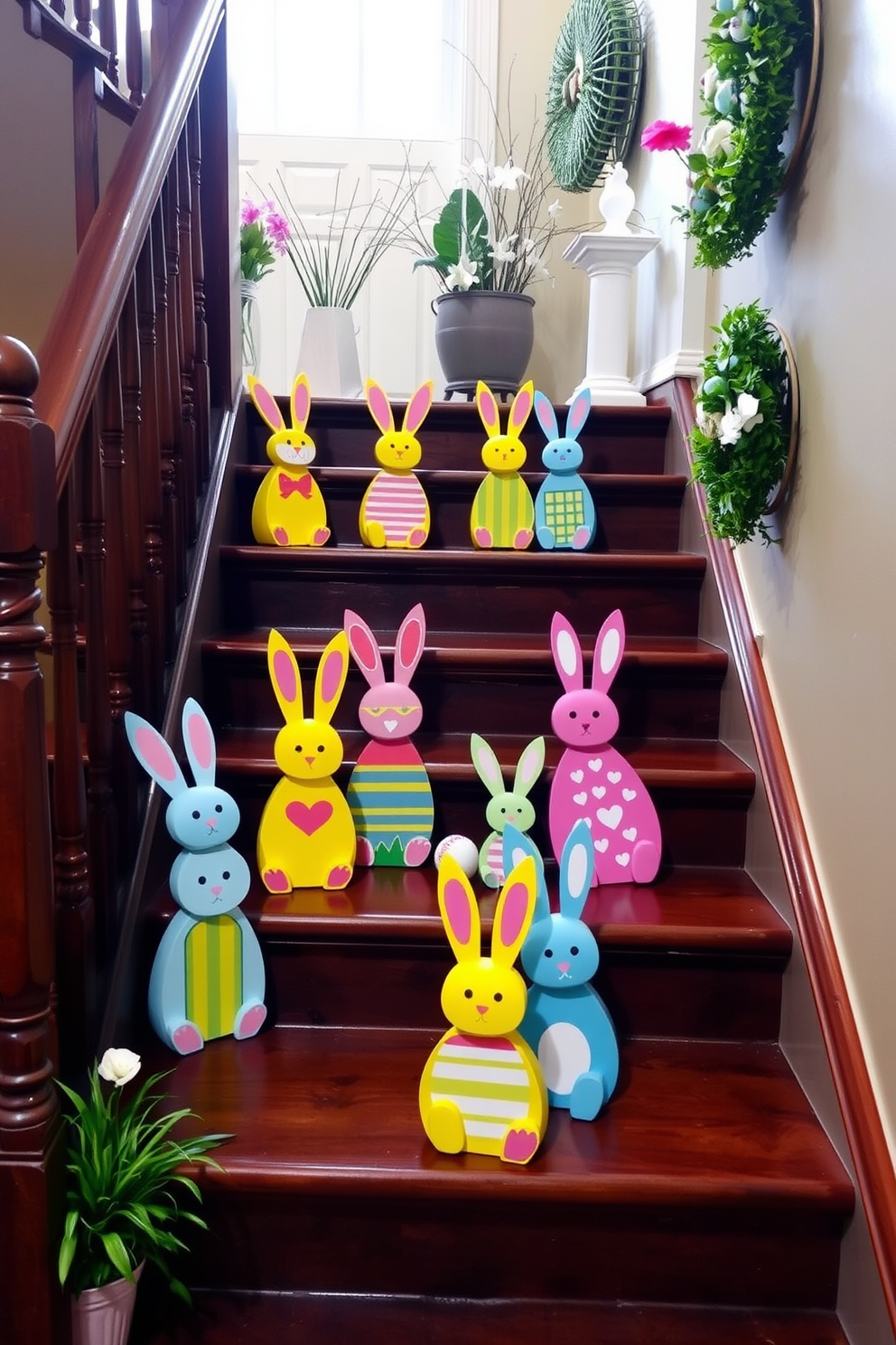 Brightly painted wooden bunnies are arranged on the steps of a charming staircase, adding a festive touch to the Easter decor. The bunnies are adorned with vibrant colors and patterns, creating a playful and inviting atmosphere for the holiday celebration.