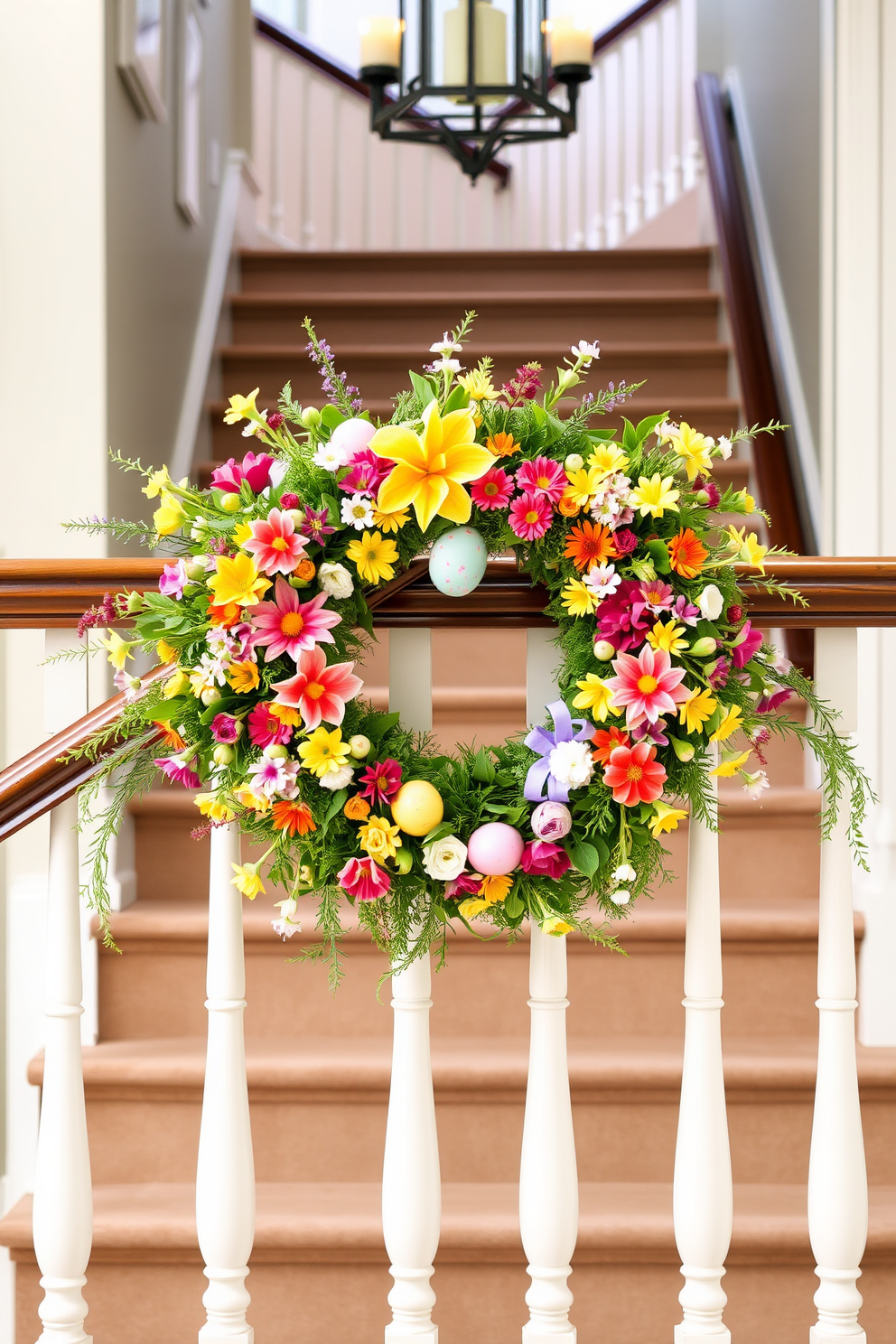 A vibrant spring-themed wreath adorns the railing of a beautifully designed staircase. The wreath is filled with an assortment of colorful flowers, greenery, and Easter accents, creating a cheerful and inviting atmosphere.