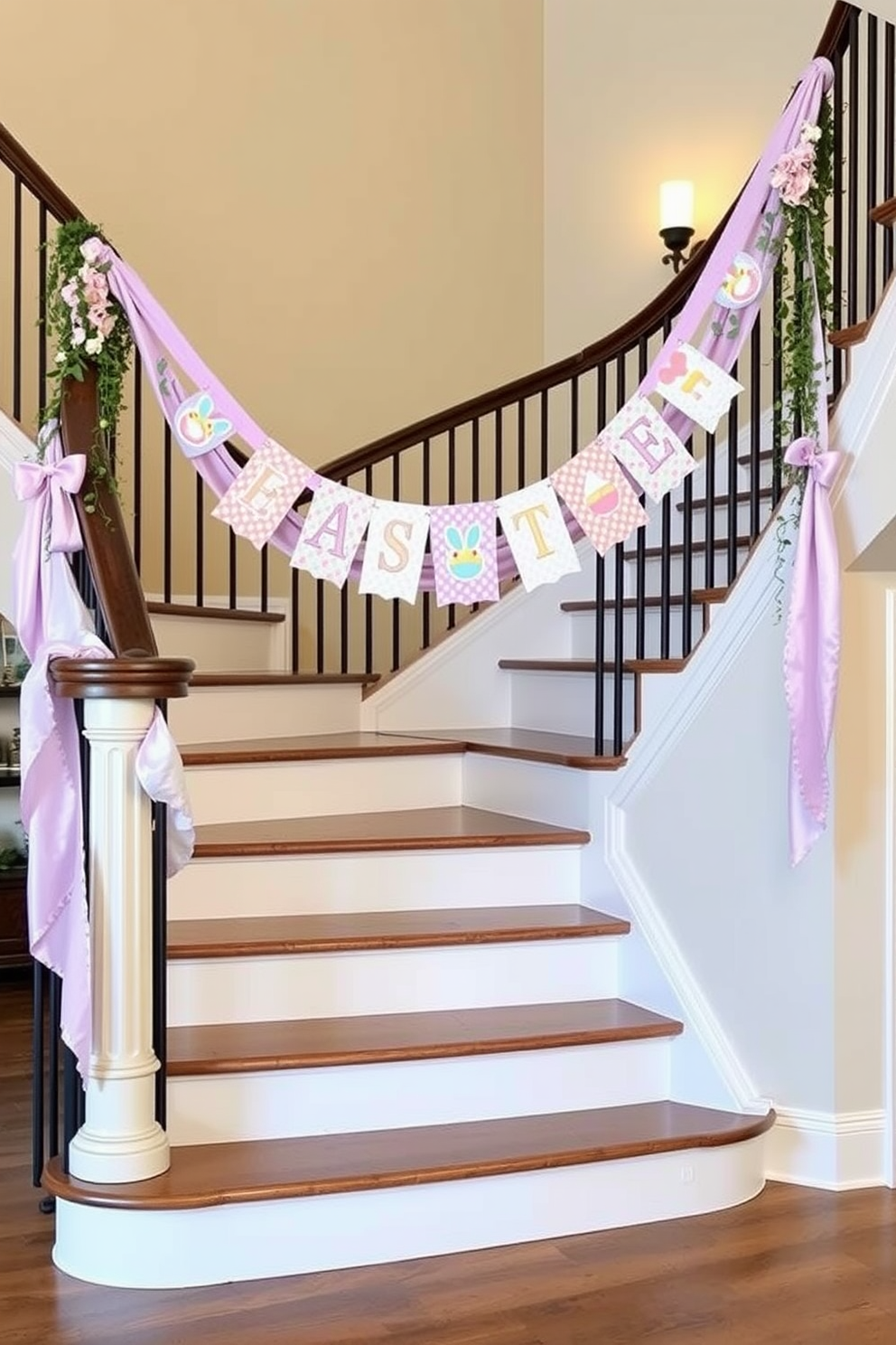 Easter themed banners are elegantly draped across a beautifully designed staircase. The banners feature pastel colors and whimsical patterns, creating a festive atmosphere that enhances the charm of the space.