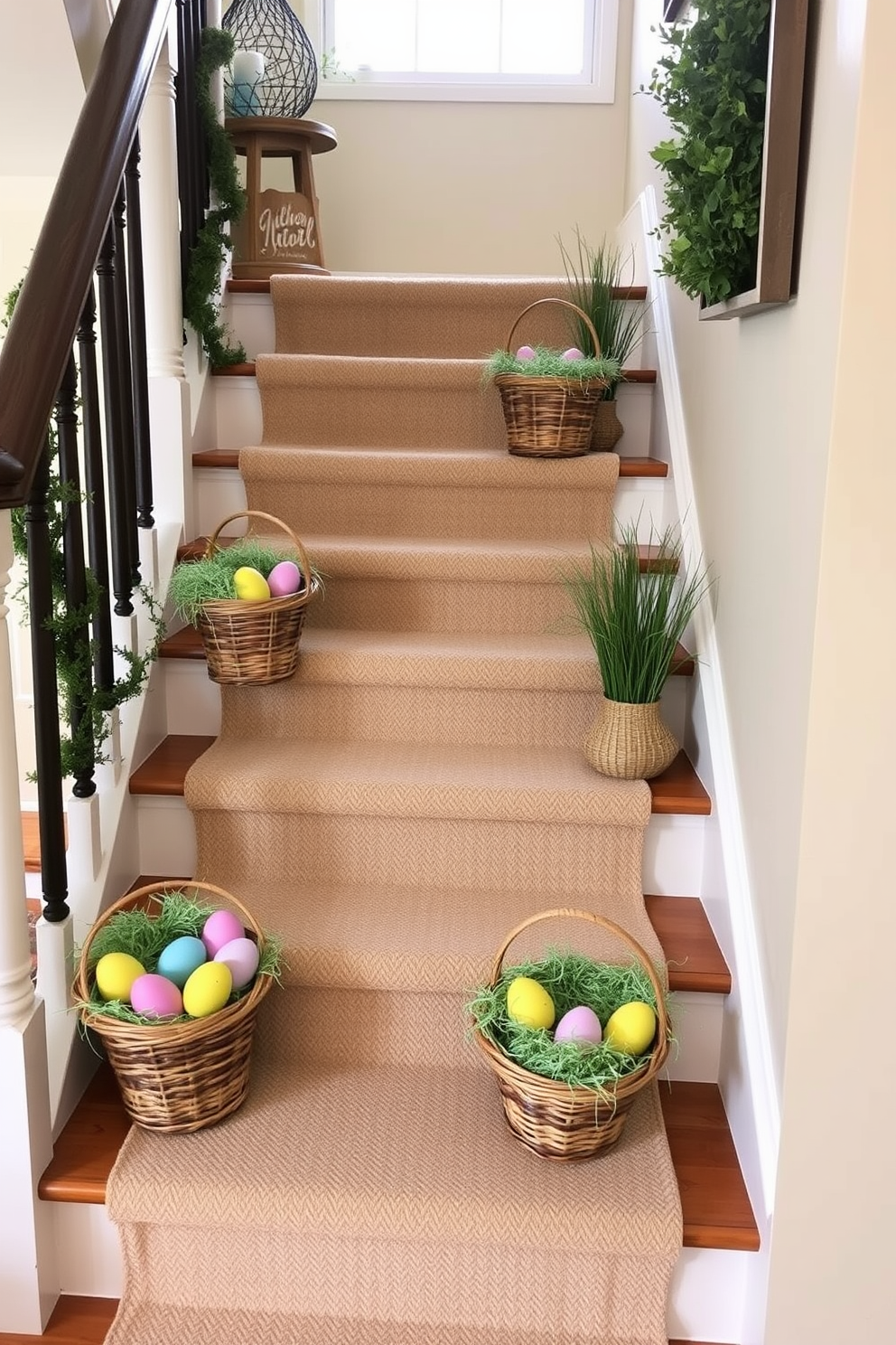 A charming staircase adorned for Easter. Decorative baskets filled with colorful eggs are placed on each step, creating a festive and inviting atmosphere.