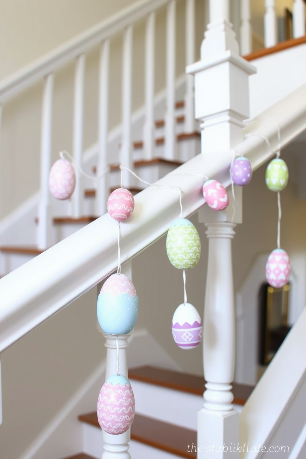 A charming DIY egg garland drapes elegantly along the banister, adding a festive touch to the staircase. The colorful eggs are crafted from various materials, showcasing pastel hues and intricate patterns that celebrate the spirit of Easter.