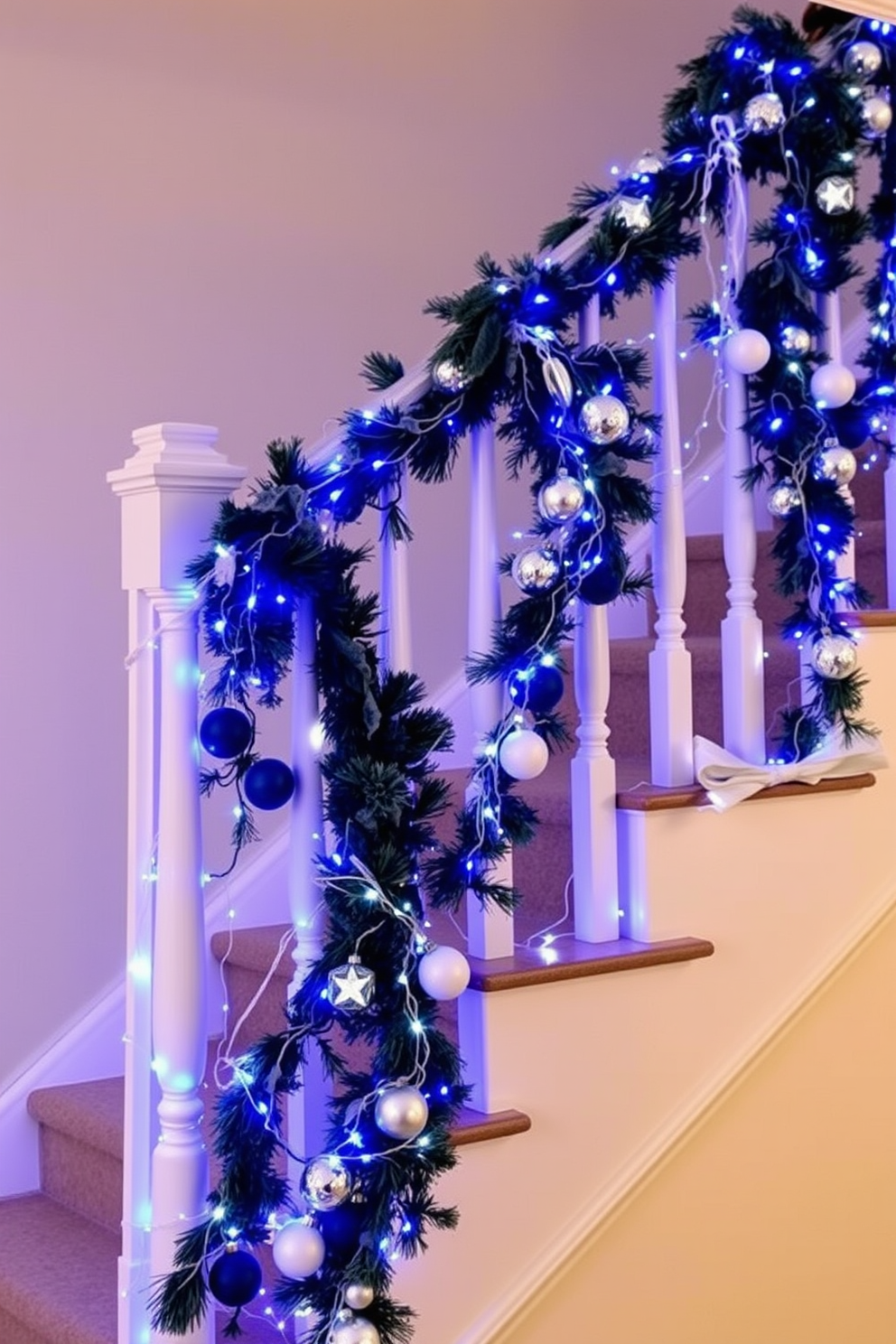 A beautifully decorated staircase adorned with blue and white lights creates a festive atmosphere. The lights twinkle along the railing and cascade down the steps, enhancing the holiday spirit. Delicate ornaments in shades of blue and white hang from the banister, adding elegance to the display. Soft garlands intertwined with the lights bring a touch of warmth to the staircase during the Hanukkah season.