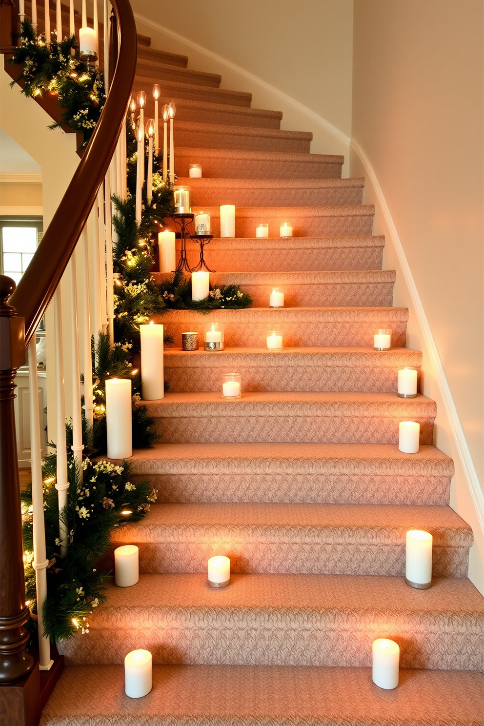 A beautifully decorated staircase for Hanukkah. The steps are adorned with an array of decorative candles in varying heights, casting a warm and inviting glow.