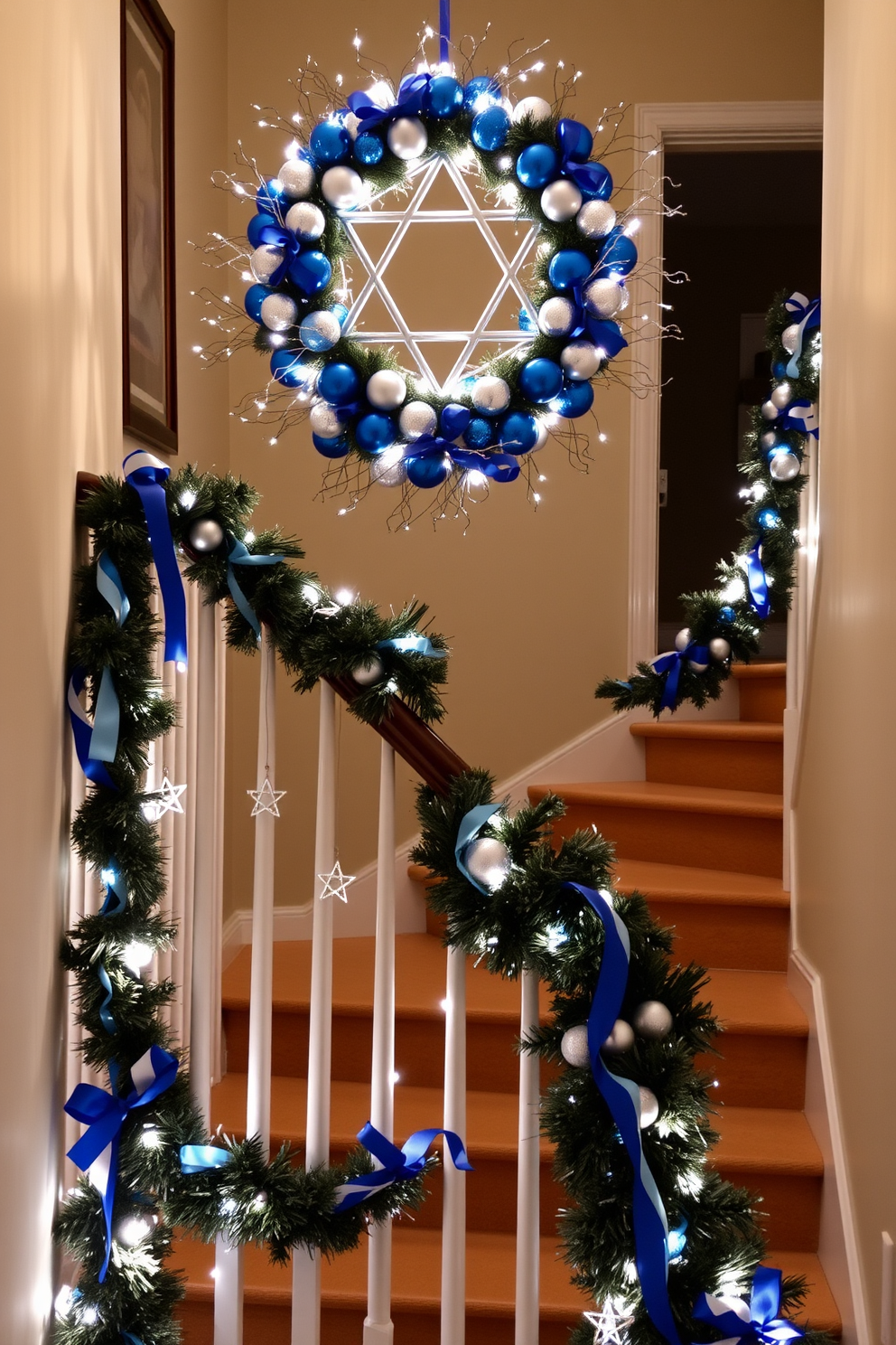 A beautifully decorated staircase adorned with a Hanukkah-themed wreath at the top. The wreath is made of blue and silver ornaments, interspersed with white lights, creating a festive glow in the entryway. The staircase banister is wrapped in garlands of blue and white ribbon, with small Stars of David hanging at intervals. Soft white lights illuminate the steps, enhancing the cheerful ambiance of the holiday season.