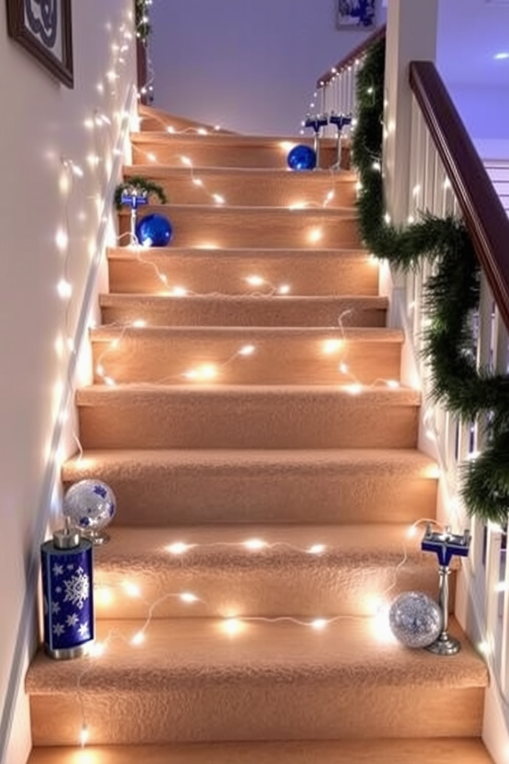 Create a cozy and festive staircase setting adorned with string lights outlining each step. The soft glow of the lights enhances the warm atmosphere, complemented by traditional Hanukkah decorations like blue and silver ornaments and menorah accents.