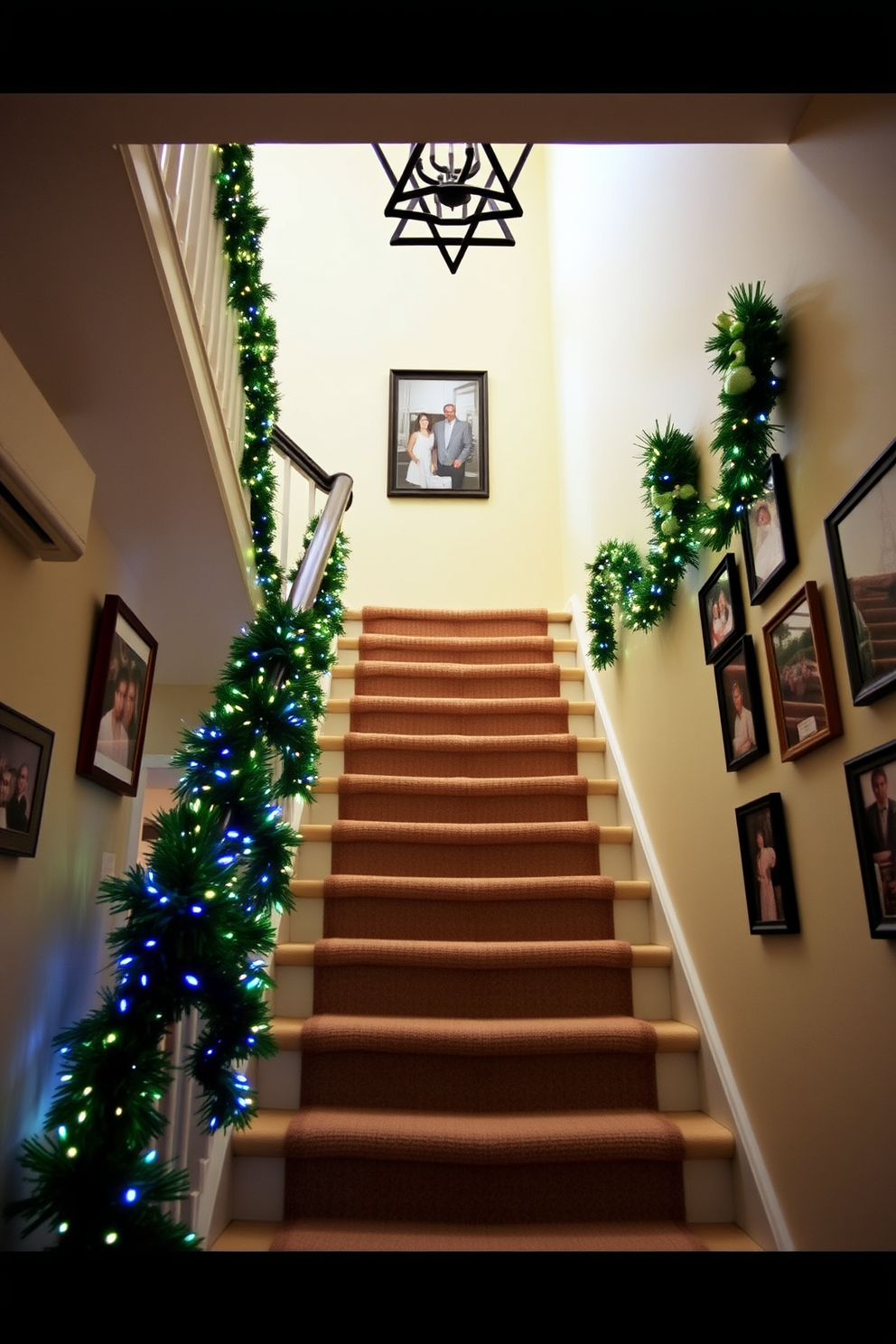 A warm and inviting staircase adorned with festive decorations for Hanukkah. The walls are lined with framed photos of past celebrations, showcasing joyful moments and family gatherings.