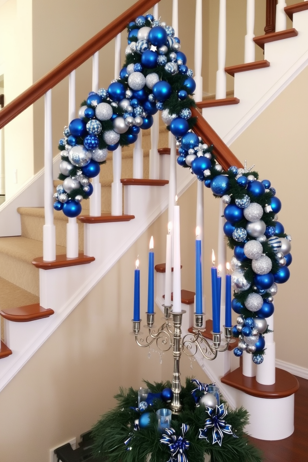 A beautifully decorated staircase adorned for Hanukkah. The banister is draped with a garland of blue and silver ornaments, while a seasonal centerpiece featuring a menorah and vibrant blue and white candles is placed at the base.