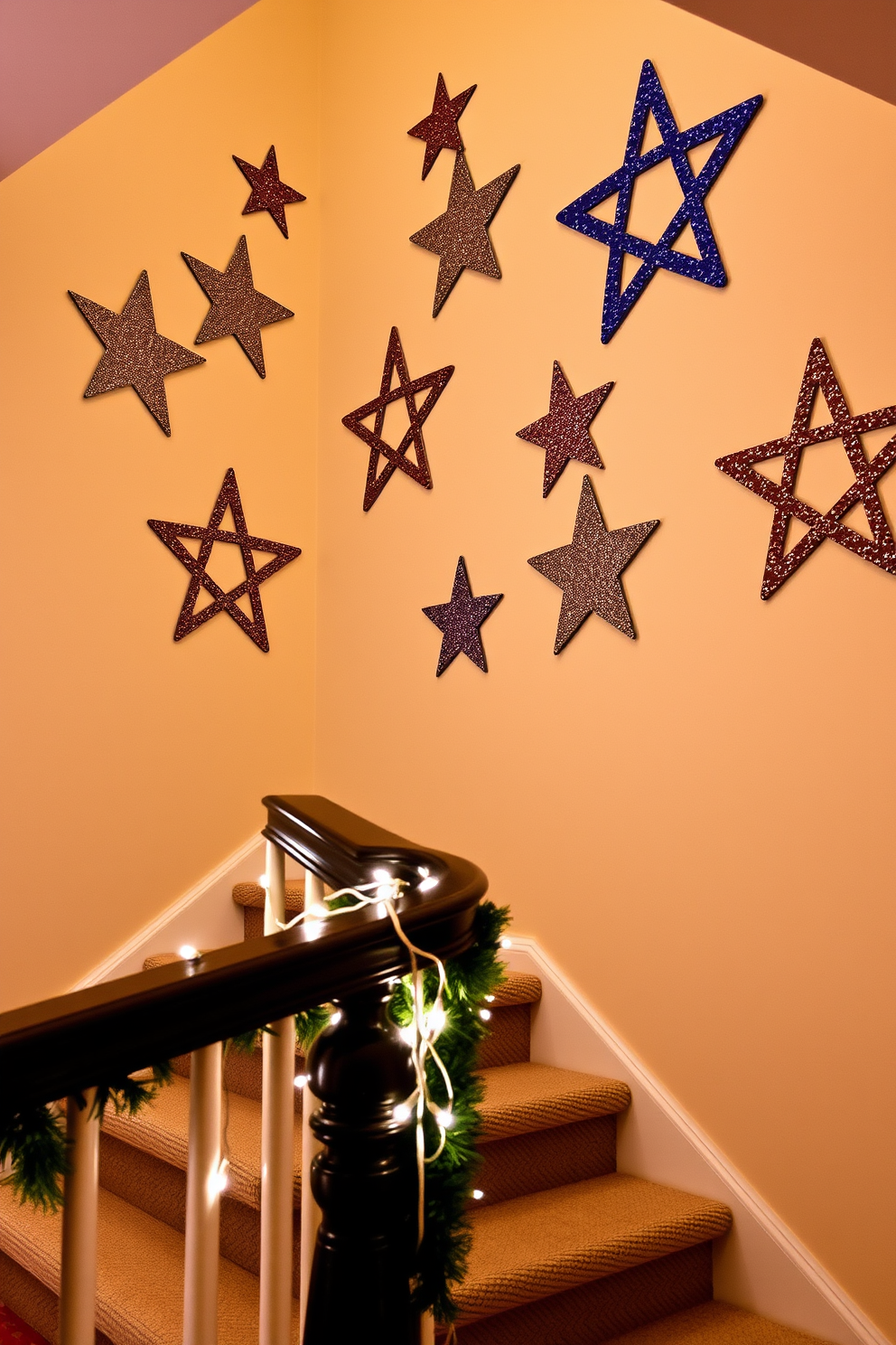 A cozy staircase adorned with glittery star cutouts on the walls creates a festive atmosphere. Soft white lights twinkle around the handrail, enhancing the warmth and charm of the Hanukkah decorations.