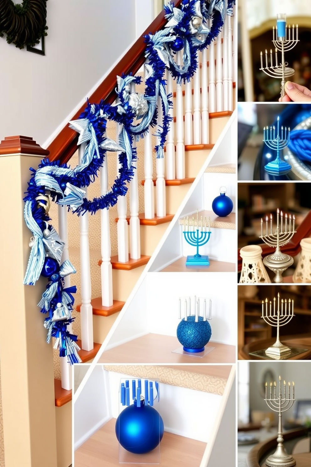 Create a staircase photo collage that showcases various Hanukkah decorating ideas. Include elements such as blue and silver garlands draped along the bannister and menorah-themed ornaments placed strategically on each step.