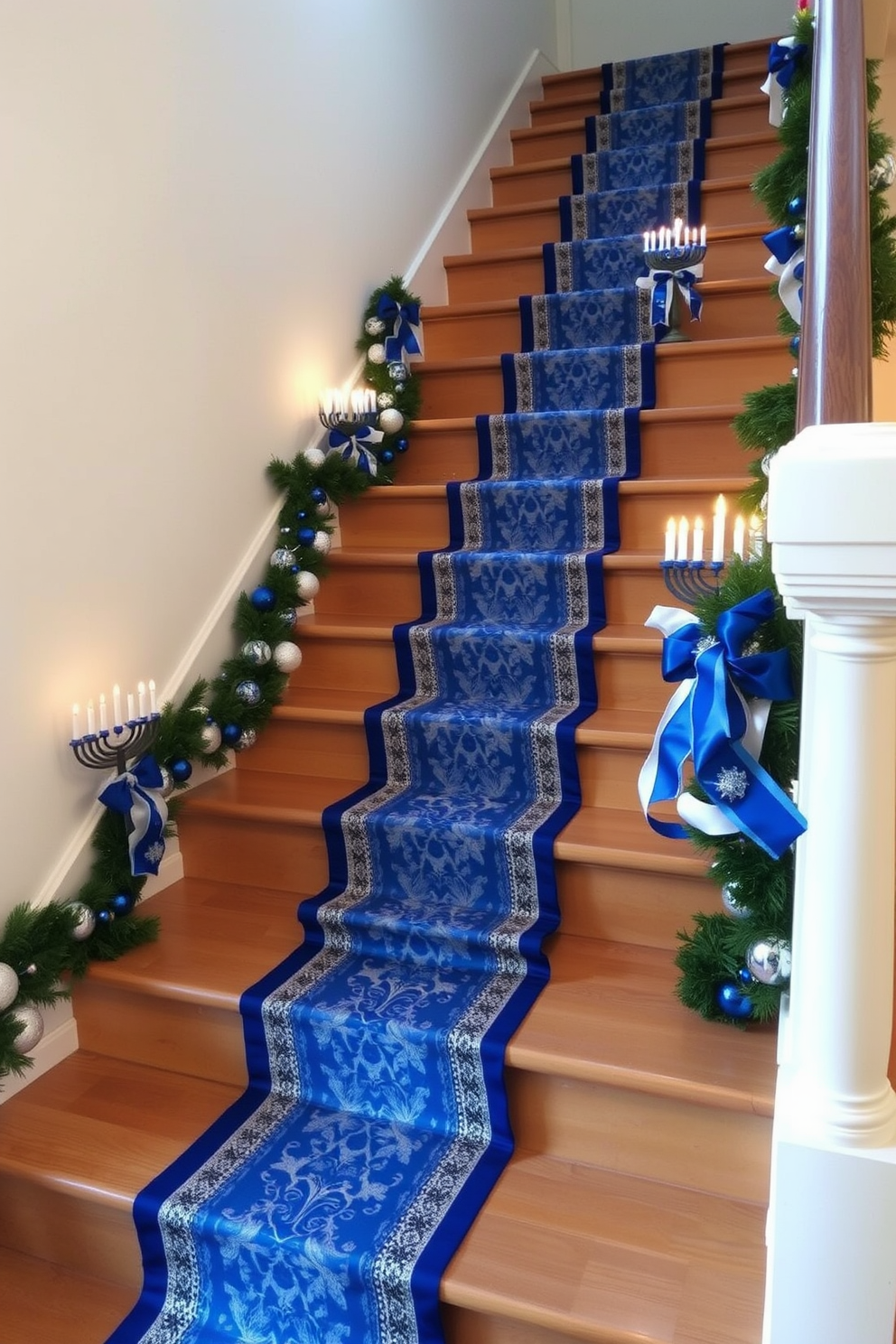 A beautifully decorated staircase adorned for Hanukkah. The steps are lined with a festive runner featuring blue and silver designs, and decorative menorahs are placed on each landing, creating a warm and inviting atmosphere.