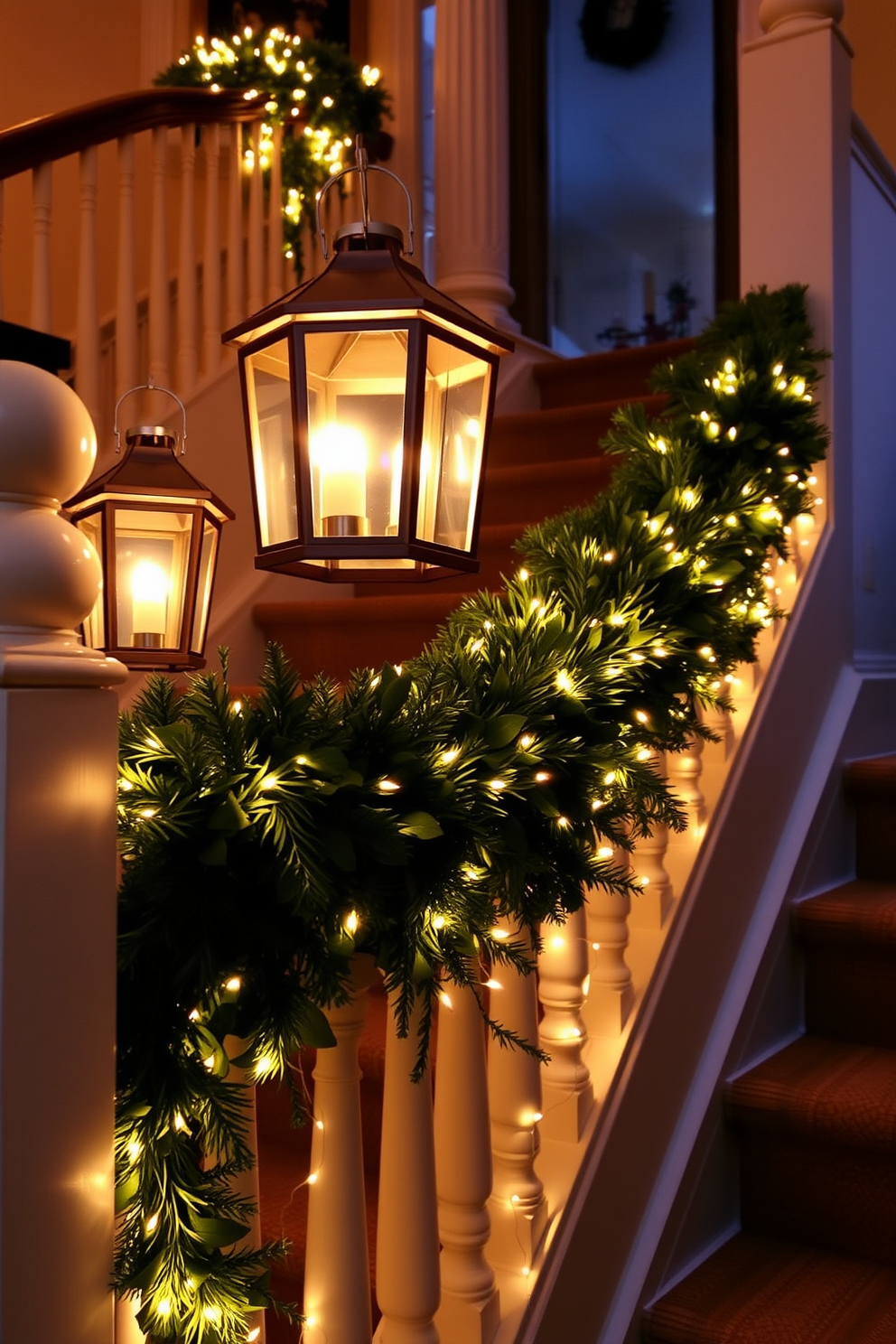 A beautifully decorated staircase adorned with elegant lanterns casting a warm, inviting glow. The bannister is wrapped in lush greenery and twinkling fairy lights, creating a festive atmosphere for Hanukkah celebrations.