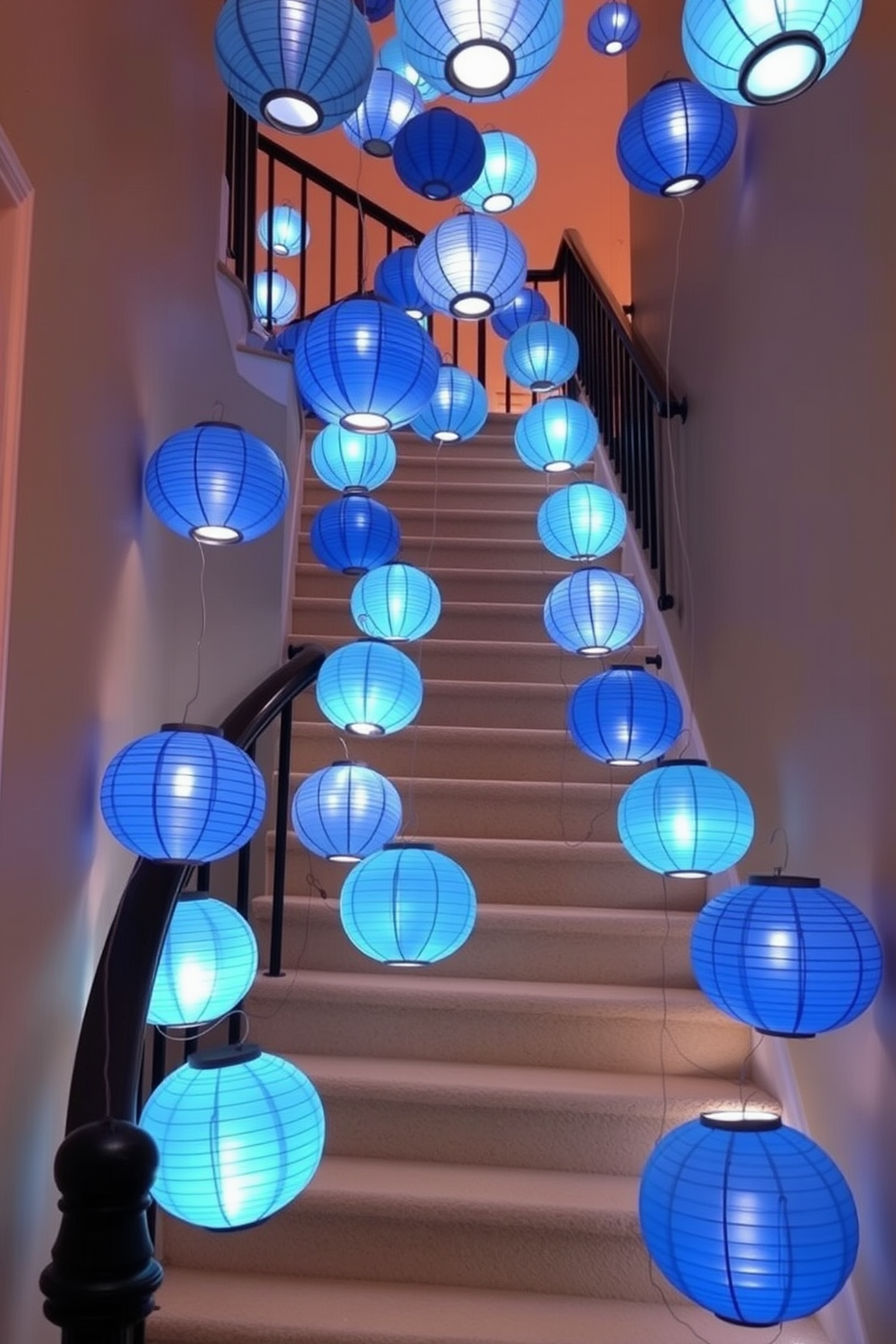 A whimsical staircase adorned with paper lanterns in various shades of blue creates a festive atmosphere. The soft glow of the lanterns enhances the elegance of the space, inviting warmth and joy during the Hanukkah celebrations.