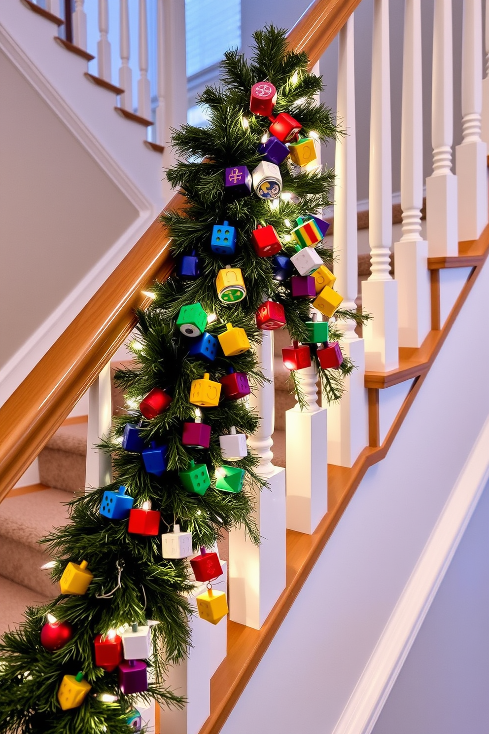 A beautifully decorated staircase for Hanukkah features a garland of colorful dreidels draped elegantly along the banister. Soft white lights twinkle among the dreidels, creating a festive and inviting atmosphere for the holiday season.