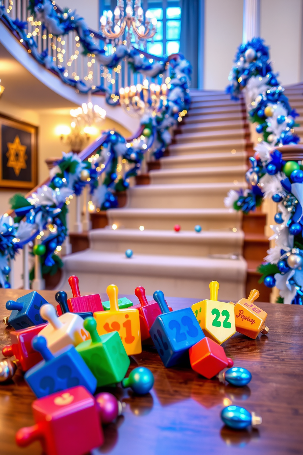 A festive display of colorful dreidels arranged on a wooden table. The background features twinkling fairy lights and a beautifully decorated Hanukkah menorah. A grand staircase adorned with blue and silver garlands, draped elegantly along the banister. Decorative ornaments and small dreidels are scattered on the steps, creating a whimsical holiday atmosphere.