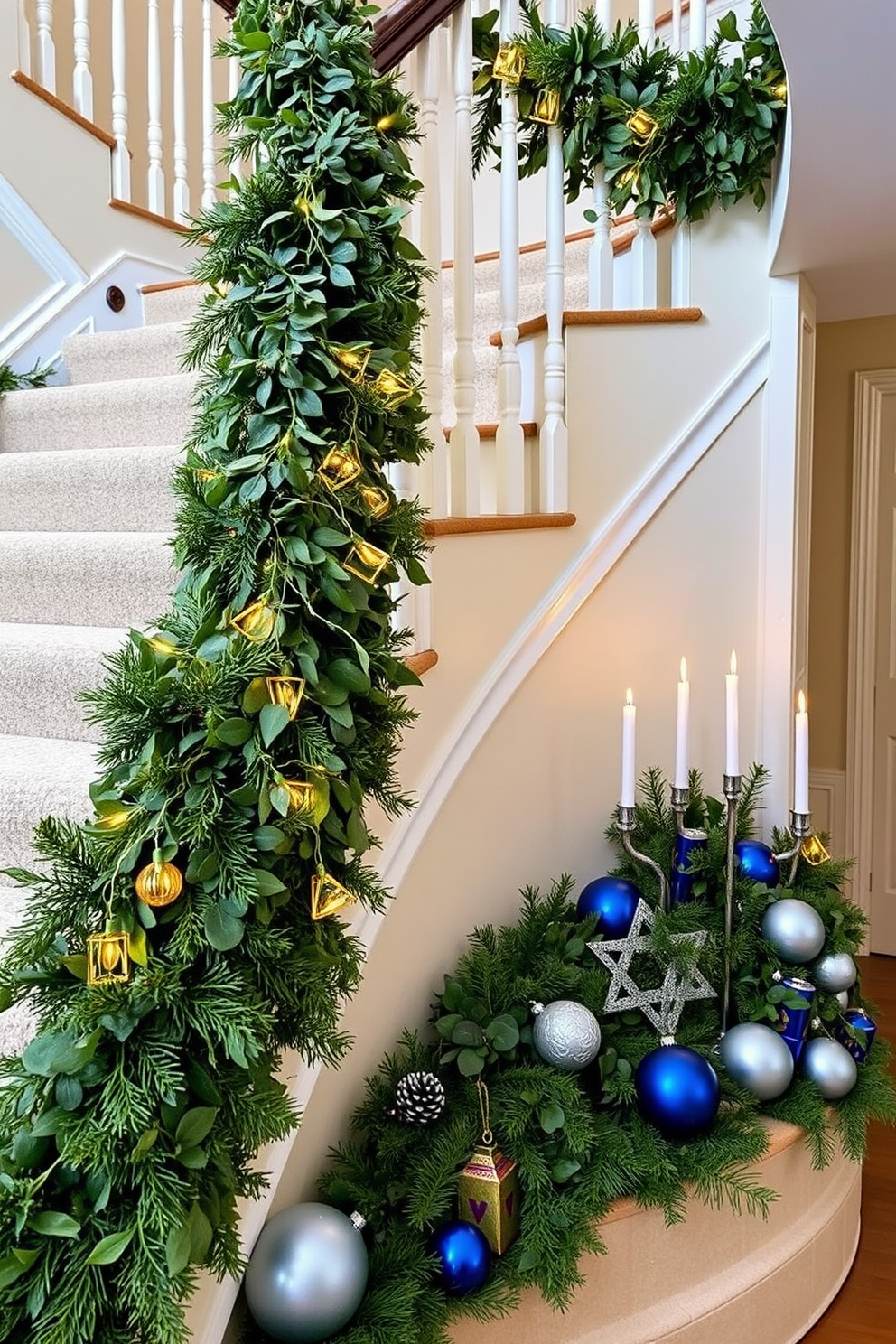 A beautiful staircase adorned with fresh greenery accents. Lush garlands of pine and eucalyptus drape elegantly along the banister, complemented by twinkling fairy lights. For Hanukkah, the staircase is decorated with blue and silver ornaments. Menorahs and dreidels are artfully placed among the greenery, creating a festive and welcoming atmosphere.