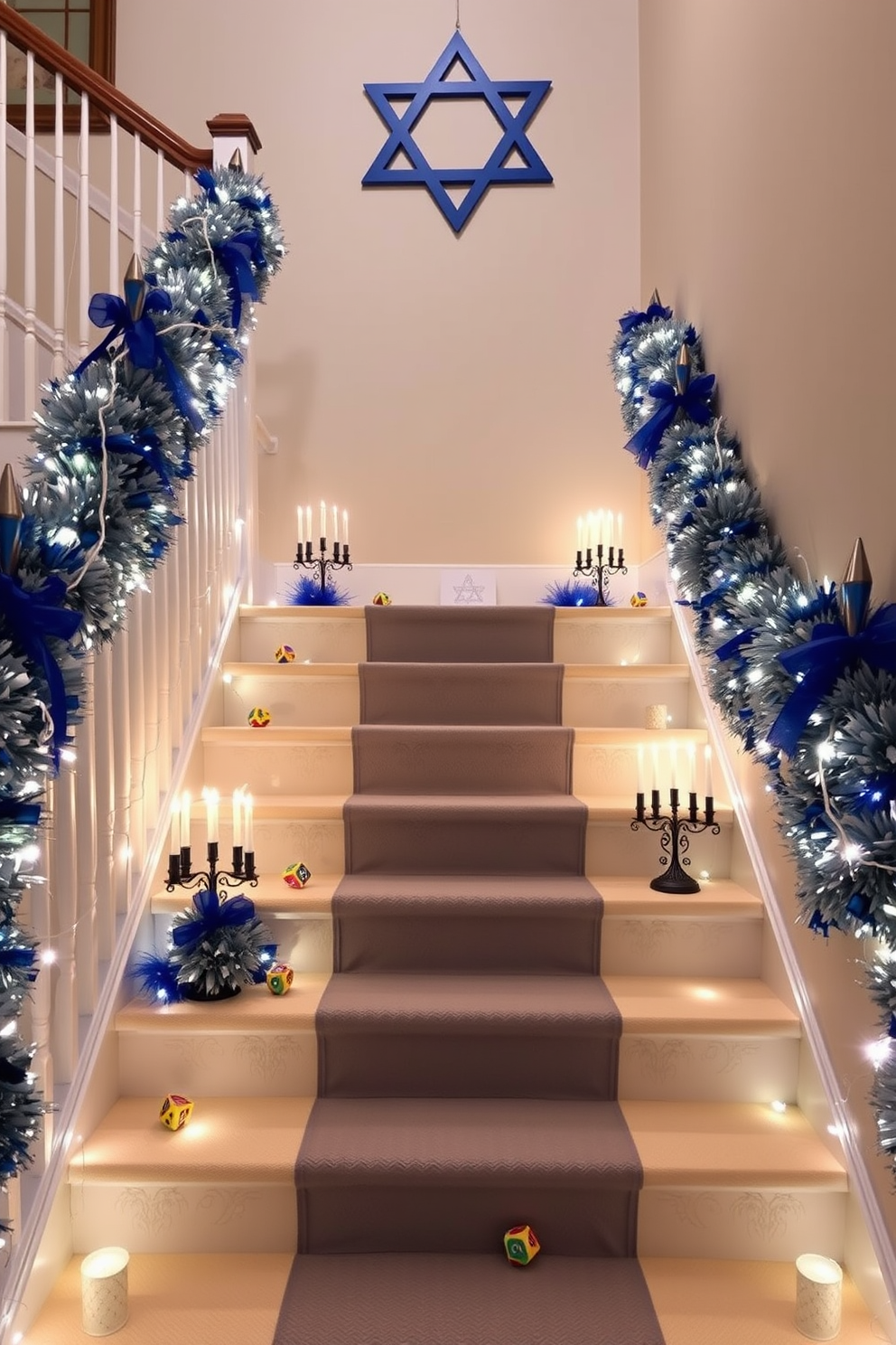 A beautifully decorated staircase adorned for Hanukkah. The banister is draped with blue and silver garlands, and traditional menorahs are placed on each step, illuminated by soft white lights. Colorful dreidels are scattered along the staircase, adding a festive touch. At the top, a large Star of David hangs, creating a warm and welcoming atmosphere for the holiday season.