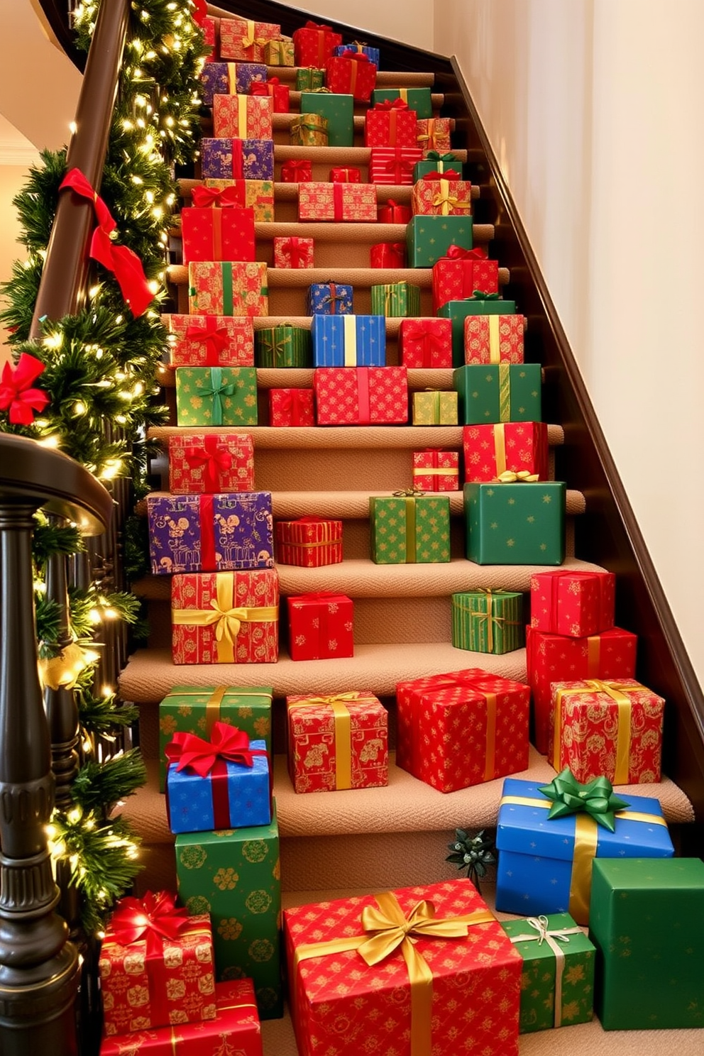 Create a festive staircase adorned with colorful gift boxes in various sizes and shapes. The gift boxes should be wrapped in vibrant holiday-themed paper and placed strategically along the steps to enhance the festive atmosphere. Incorporate decorative elements such as twinkling fairy lights and garlands intertwined with the gift boxes. Use a color palette that includes rich reds, greens, and golds to evoke the spirit of Hanukkah while maintaining an elegant and inviting look.