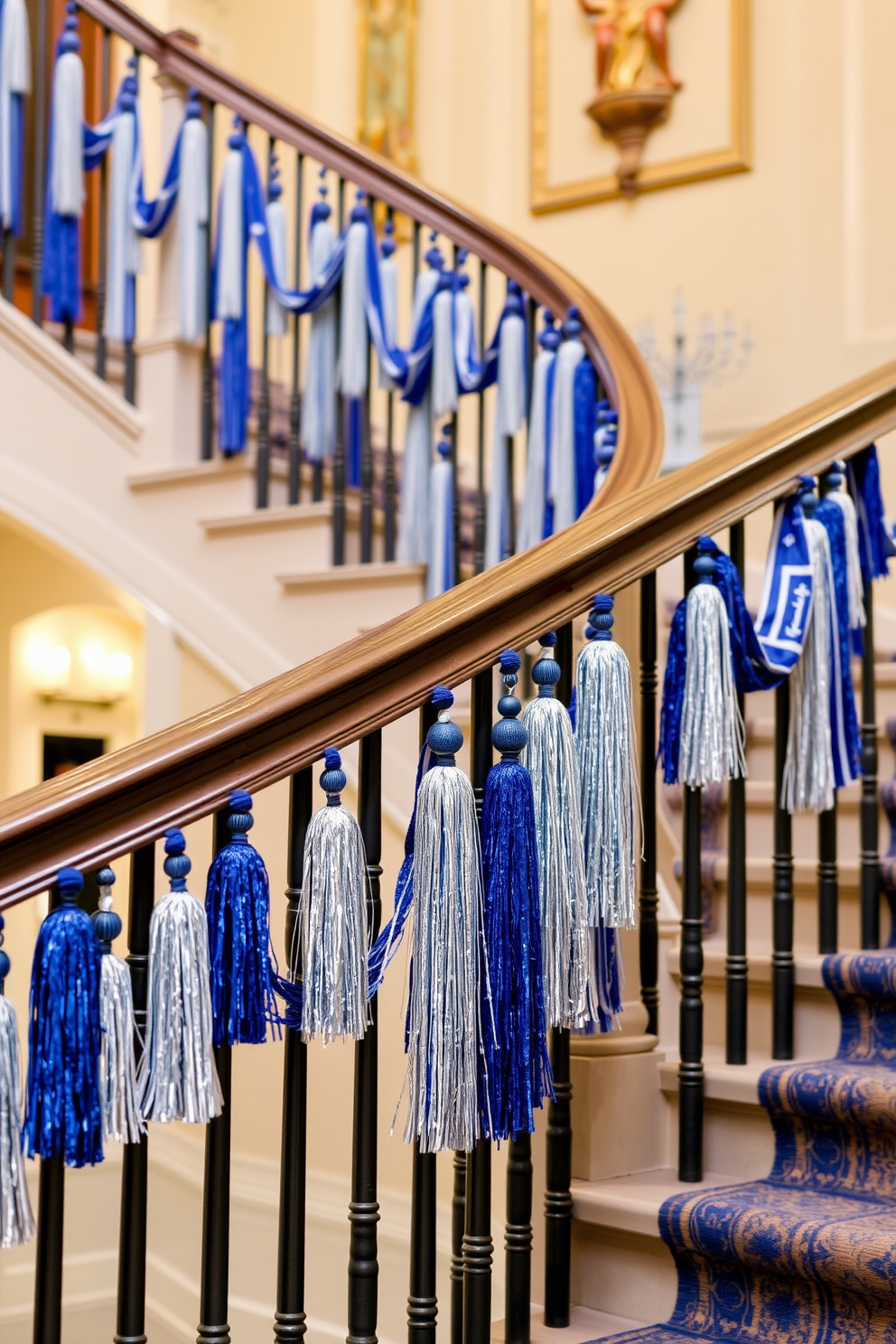 Hang blue and silver tassels along the railing of a grand staircase. The tassels should cascade elegantly, adding a festive touch to the space for Hanukkah celebrations.