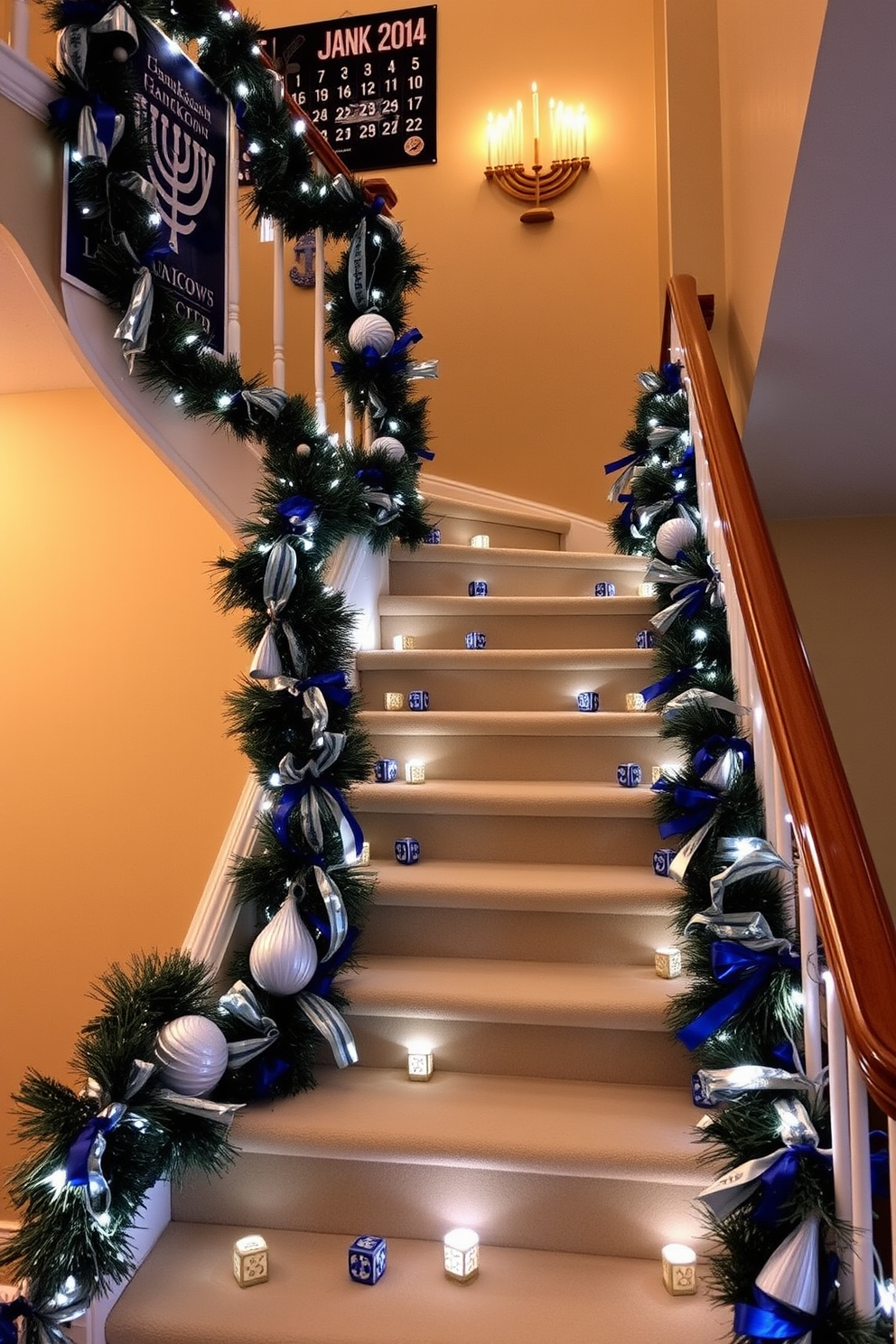 A beautifully decorated staircase adorned for Hanukkah. The handrail is draped with blue and silver garlands, and a festive Hanukkah countdown calendar is prominently displayed on the wall, adding a touch of excitement to the holiday season. Each step is lined with small, decorative menorahs and clusters of dreidels, creating a warm and inviting atmosphere. Soft white lights twinkle along the staircase, enhancing the festive spirit and illuminating the space with a gentle glow.