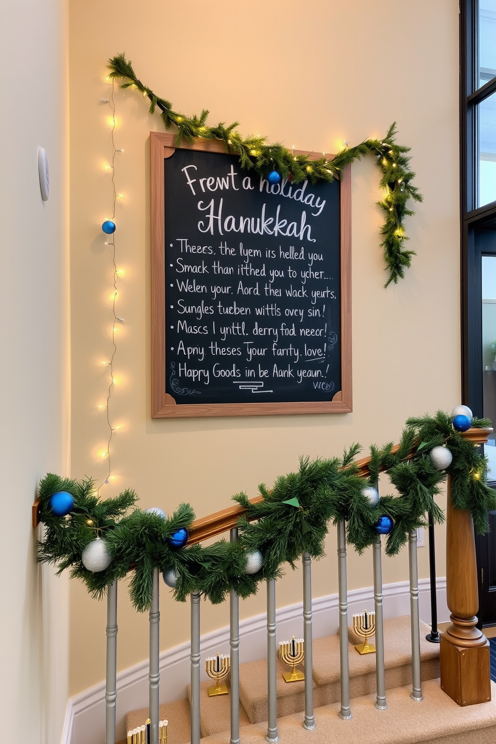 A large chalkboard is mounted on the wall near the staircase, serving as a festive canvas for holiday messages and greetings. The chalkboard is surrounded by twinkling fairy lights and garlands of greenery, creating a warm and inviting atmosphere for the Hanukkah season. On the staircase, decorative elements like blue and silver ornaments are interspersed among the banister, adding a touch of elegance. Each step features small menorah decorations, enhancing the holiday spirit as guests ascend and descend the stairs.