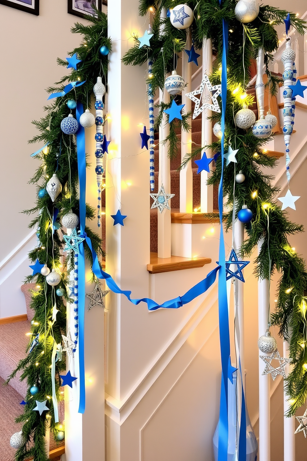 A beautifully decorated staircase adorned with handmade decorations from family. Festive garlands made of colorful paper chains and star-shaped ornaments drape elegantly along the banister, creating a warm and inviting atmosphere for Hanukkah celebrations. Soft blue and silver accents complement the traditional decorations, enhancing the overall aesthetic. Twinkling fairy lights are woven through the greenery, casting a gentle glow that highlights the cherished family heirlooms displayed along the staircase.