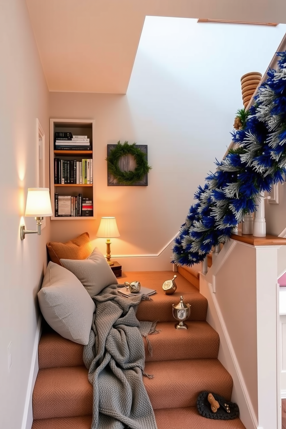 Create a cozy reading nook on the stairs with plush cushions and a soft throw blanket. A small bookshelf is built into the wall, filled with an assortment of books and a warm reading lamp is positioned nearby. For a festive Hanukkah decorating idea, adorn the staircase with blue and silver garlands. Place decorative menorahs and dreidels along the steps to create a warm holiday atmosphere.