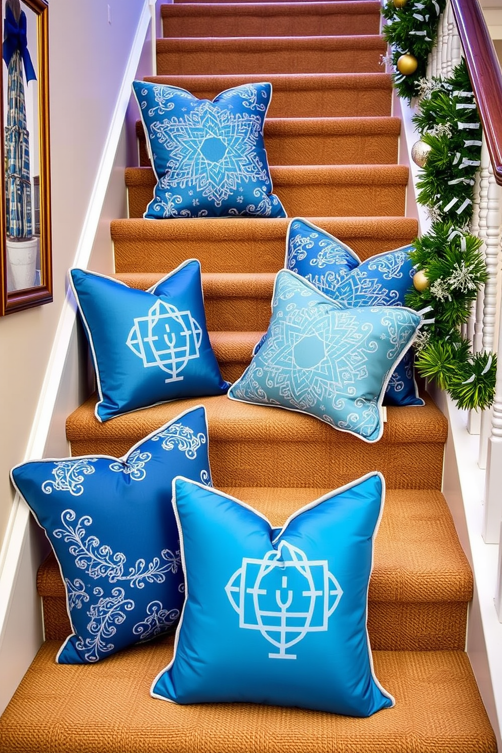 Create a warm and inviting staircase adorned with seasonal throw pillows in rich hues of blue and silver. The pillows should feature festive patterns that evoke the spirit of Hanukkah, adding a touch of elegance and comfort to each step.