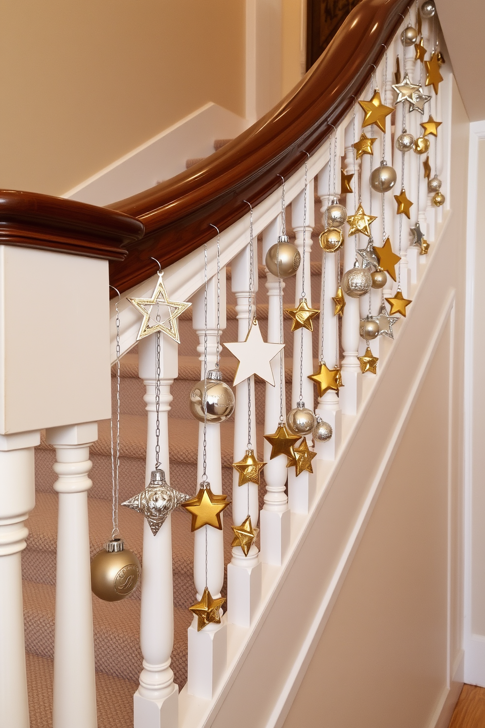 A beautifully decorated staircase adorned with silver and gold star ornaments. The ornaments are delicately hung along the railing, creating a festive and elegant atmosphere for Hanukkah celebrations.