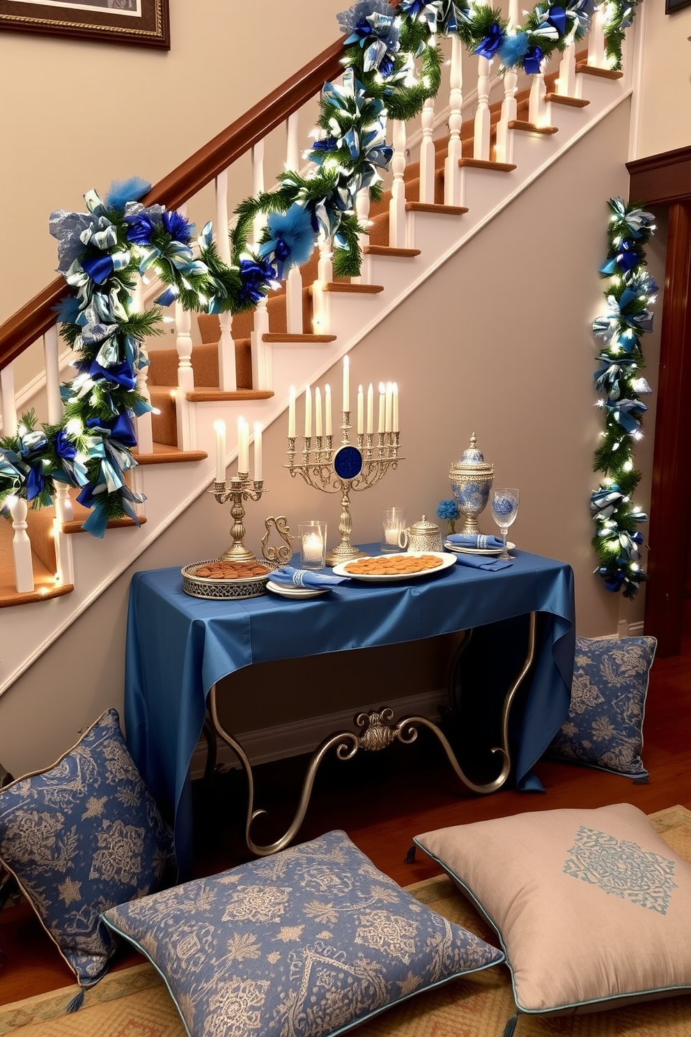 A festive table is set at the landing of the staircase adorned with elegant blue and silver decorations. The table features a beautiful menorah as the centerpiece, surrounded by shimmering candles and a variety of traditional treats. Colorful garlands and twinkling lights drape gracefully along the staircase railing, enhancing the holiday spirit. Plush cushions in festive patterns are placed nearby, inviting guests to gather and celebrate together.