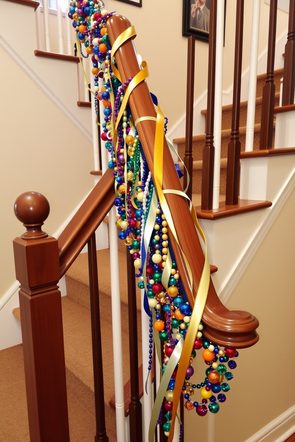 Create a beautiful staircase adorned with a ribbon garland featuring an array of colorful beads. The garland gracefully winds along the banister, adding a festive touch to your Hanukkah celebrations.