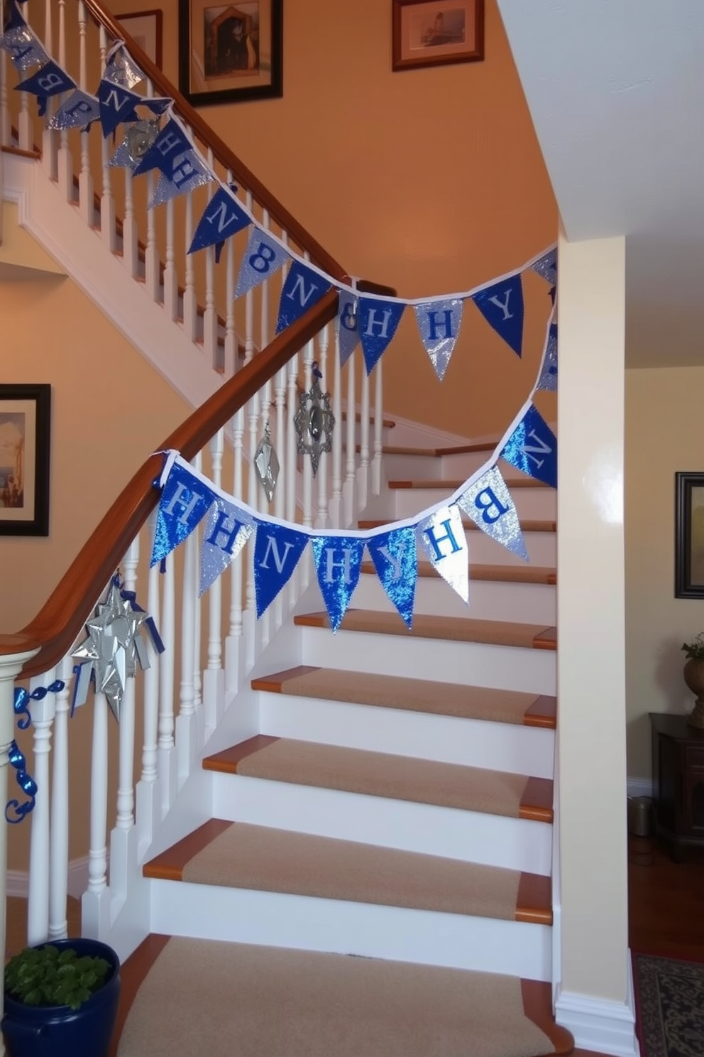 A warm and inviting staircase adorned for Hanukkah celebrations. Festive banners in blue and silver hang gracefully along the railing, adding a cheerful touch to the decor.