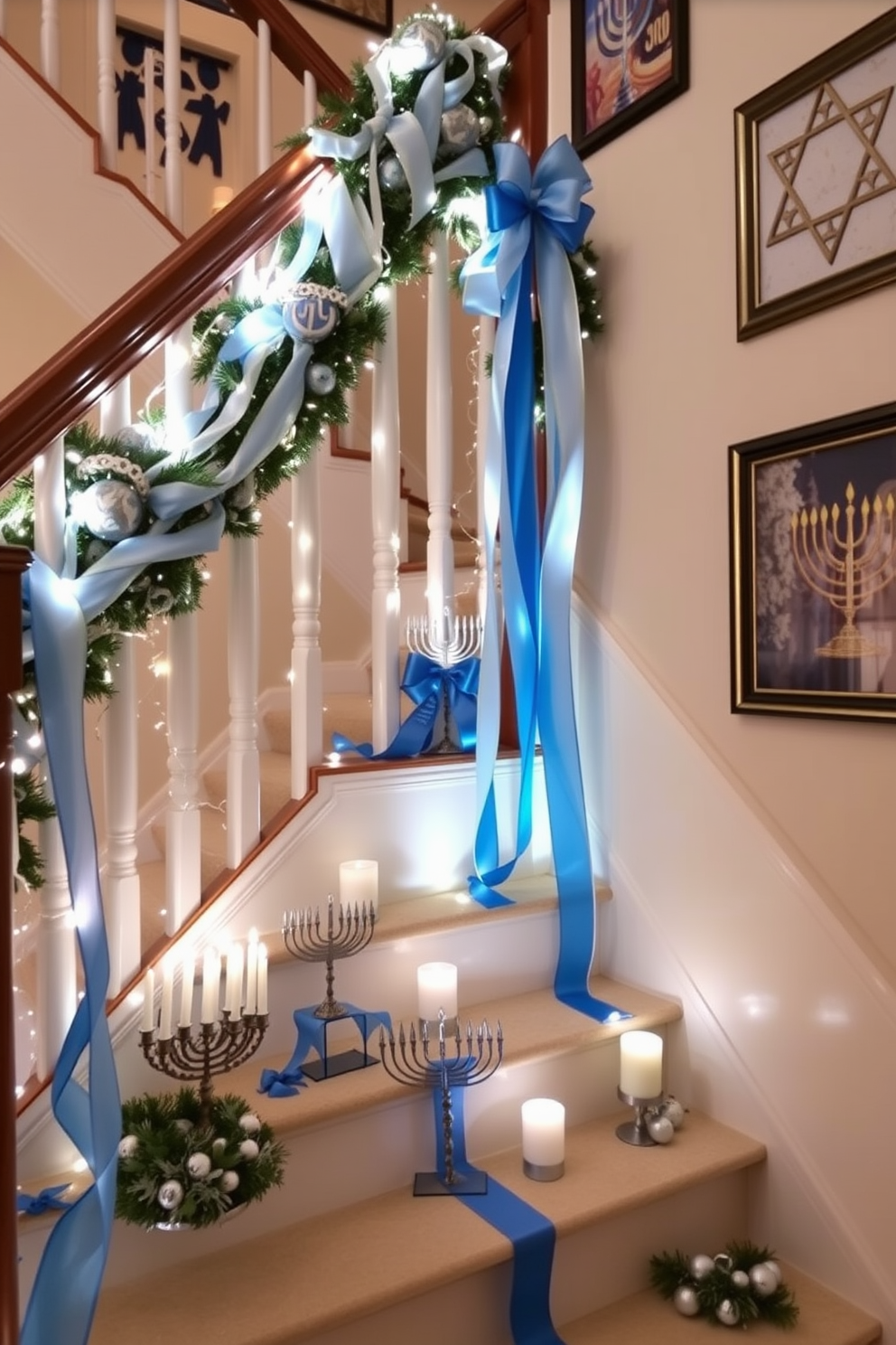 A beautifully decorated staircase for Hanukkah features elegant menorah-themed decorations adorning the banister. Soft blue and silver ribbons cascade down, intertwined with twinkling fairy lights, creating a warm and inviting atmosphere. On each step, small decorative menorahs are placed alongside clusters of festive ornaments and candles. The walls are adorned with Hanukkah-themed artwork, enhancing the holiday spirit throughout the home.