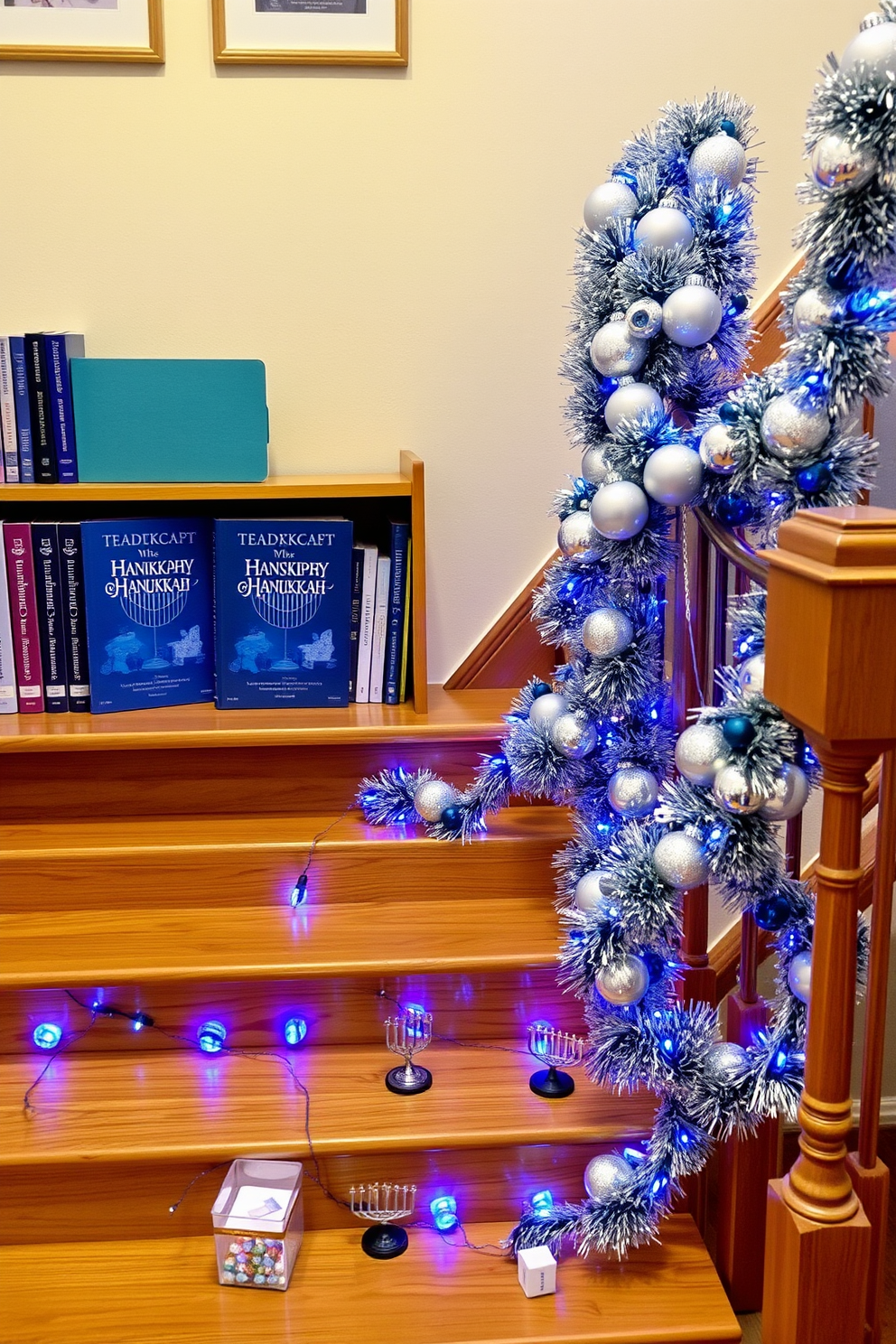 A cozy reading nook showcasing a collection of Hanukkah books arranged on a wooden shelf. The books are adorned with blue and silver covers, reflecting the festive colors of the holiday. A beautifully decorated staircase featuring garlands of blue and white lights intertwined with silver ornaments. Each step has a small decorative menorah, adding a warm glow to the festive atmosphere.