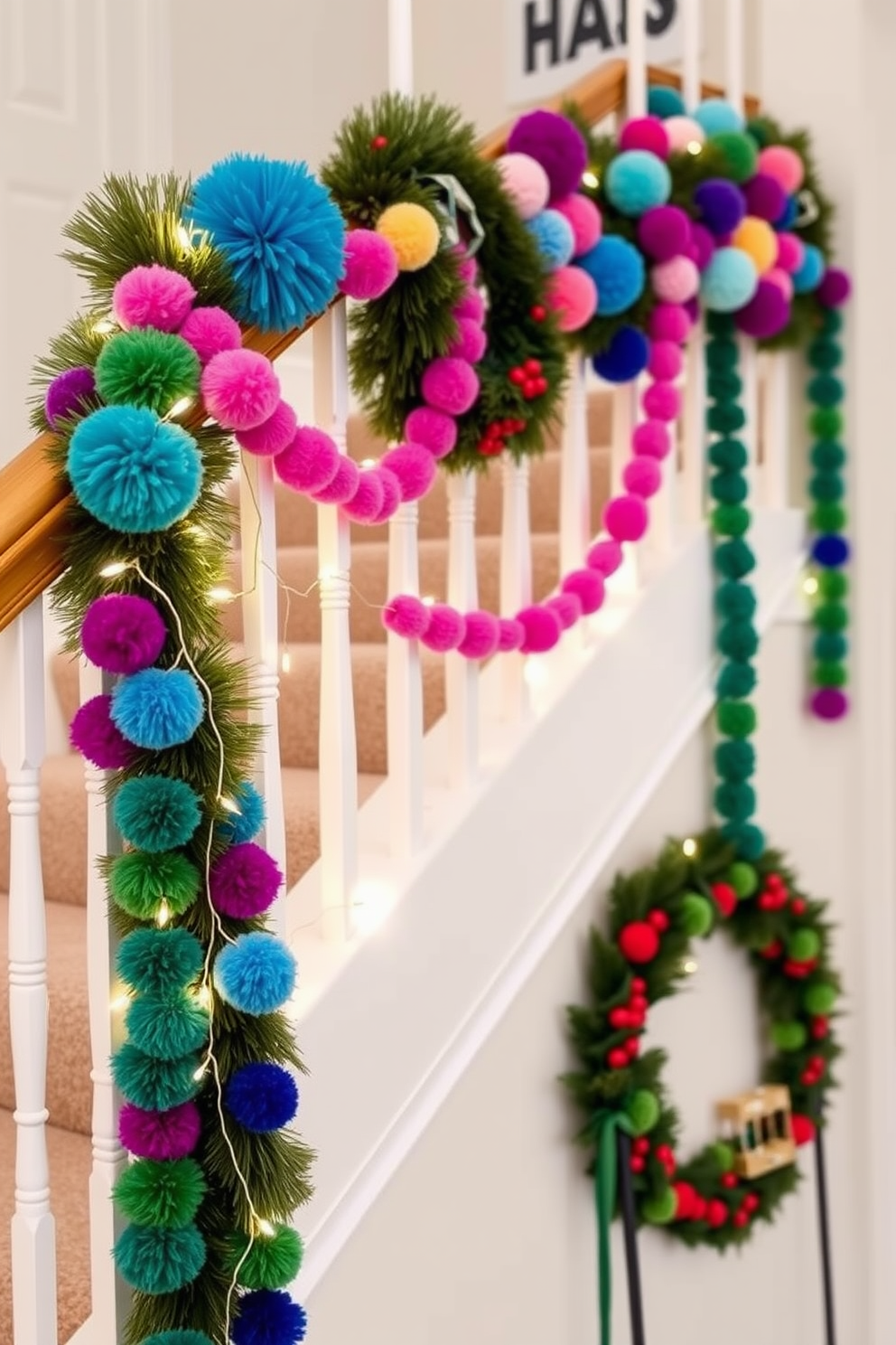 Create a festive staircase adorned with vibrant pom pom garlands in various colors. The garlands drape elegantly along the banister, adding a cheerful touch to the holiday decor. Incorporate twinkling fairy lights intertwined with the pom pom garlands for an enchanting glow. Add decorative elements like small wreaths or ornaments to enhance the Hanukkah theme.