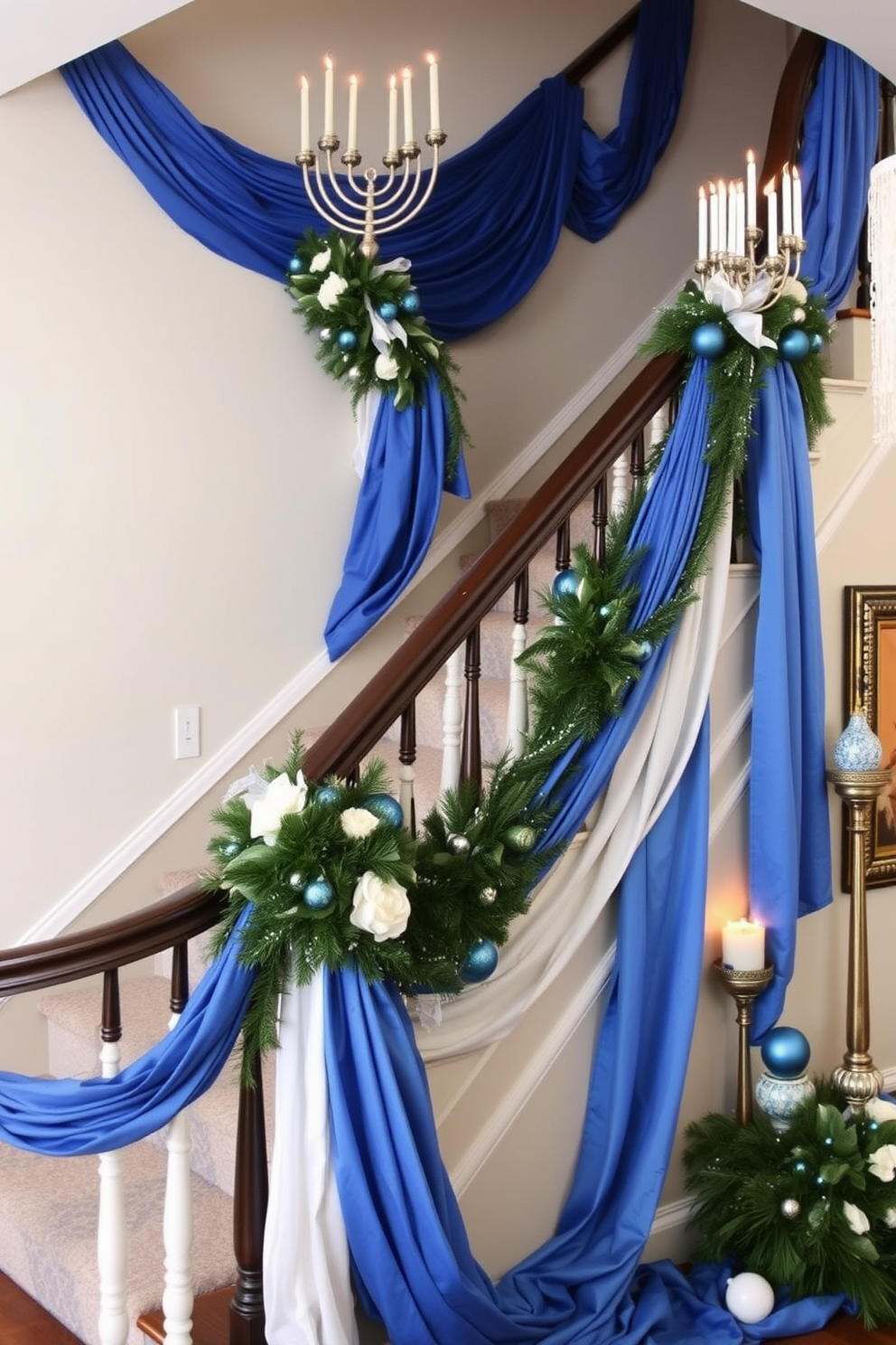 A stunning staircase adorned with drape fabric in blue and white creates a festive atmosphere for Hanukkah. The fabric gracefully cascades down the banister, complemented by elegant decorations such as menorahs and blue and white ornaments.