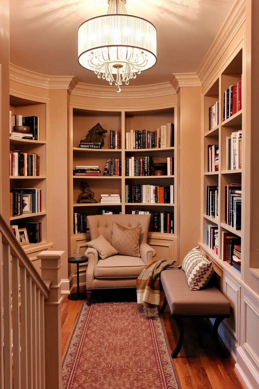 Cozy reading nook with built-in shelves. A plush armchair is nestled in the corner, surrounded by tall built-in shelves filled with books and decorative items. The walls are painted in a soft, warm hue, creating an inviting atmosphere. A small side table holds a steaming cup of tea and a cozy blanket draped over the armchair. Staircase landing design ideas. The landing features a stylish runner rug that adds warmth and texture to the space. A statement chandelier hangs above, illuminating a small seating area with a bench and decorative cushions.