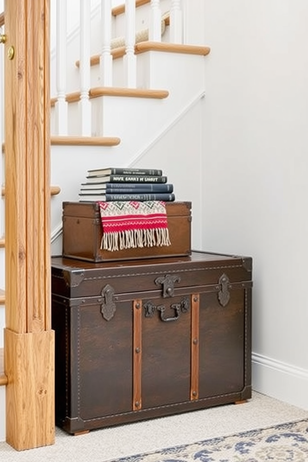 A stylish staircase landing featuring a vintage trunk for storage. The trunk is placed against the wall, adorned with a decorative throw and a stack of books on top.