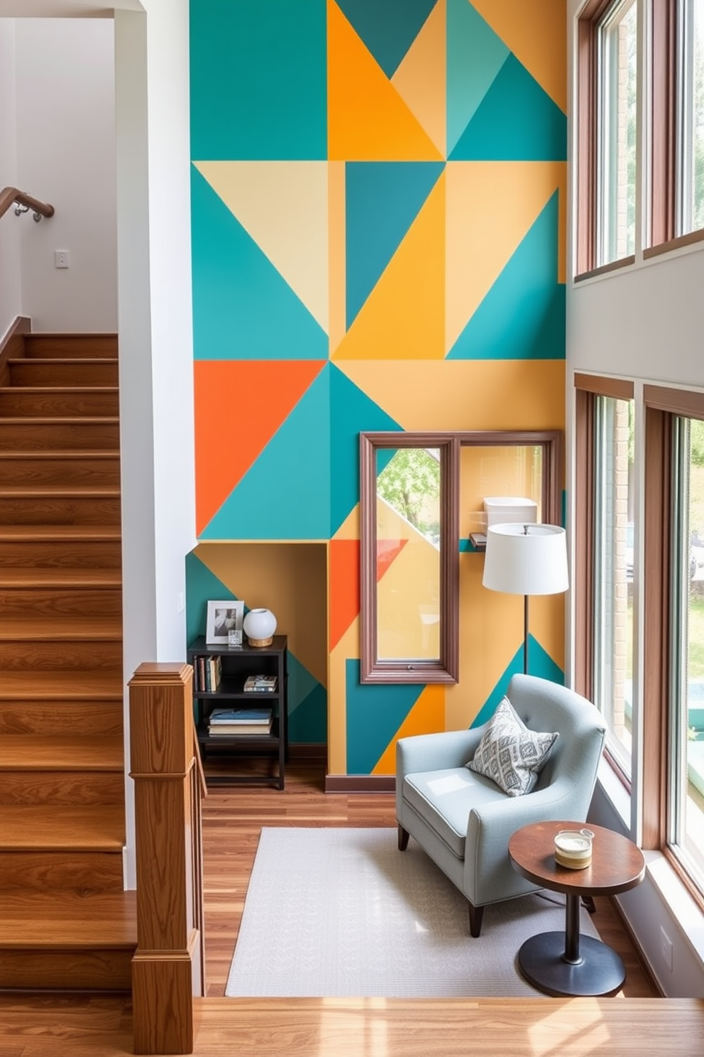 Create a colorful accent wall that features bold geometric patterns in vibrant hues such as teal, orange, and yellow. The wall serves as a stunning focal point, complemented by minimalist furniture in neutral tones to balance the lively colors. Design a staircase landing that incorporates a cozy reading nook with a plush armchair and a small bookshelf. Large windows allow natural light to flood the space, highlighting the warm wood tones of the staircase and the soft textiles used in the seating area.