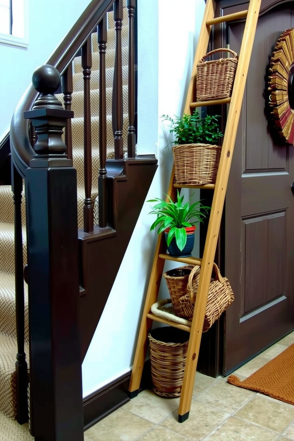 A stylish staircase landing featuring a decorative ladder leaning against the wall. The ladder is adorned with carefully arranged potted plants and woven baskets for added texture and warmth.