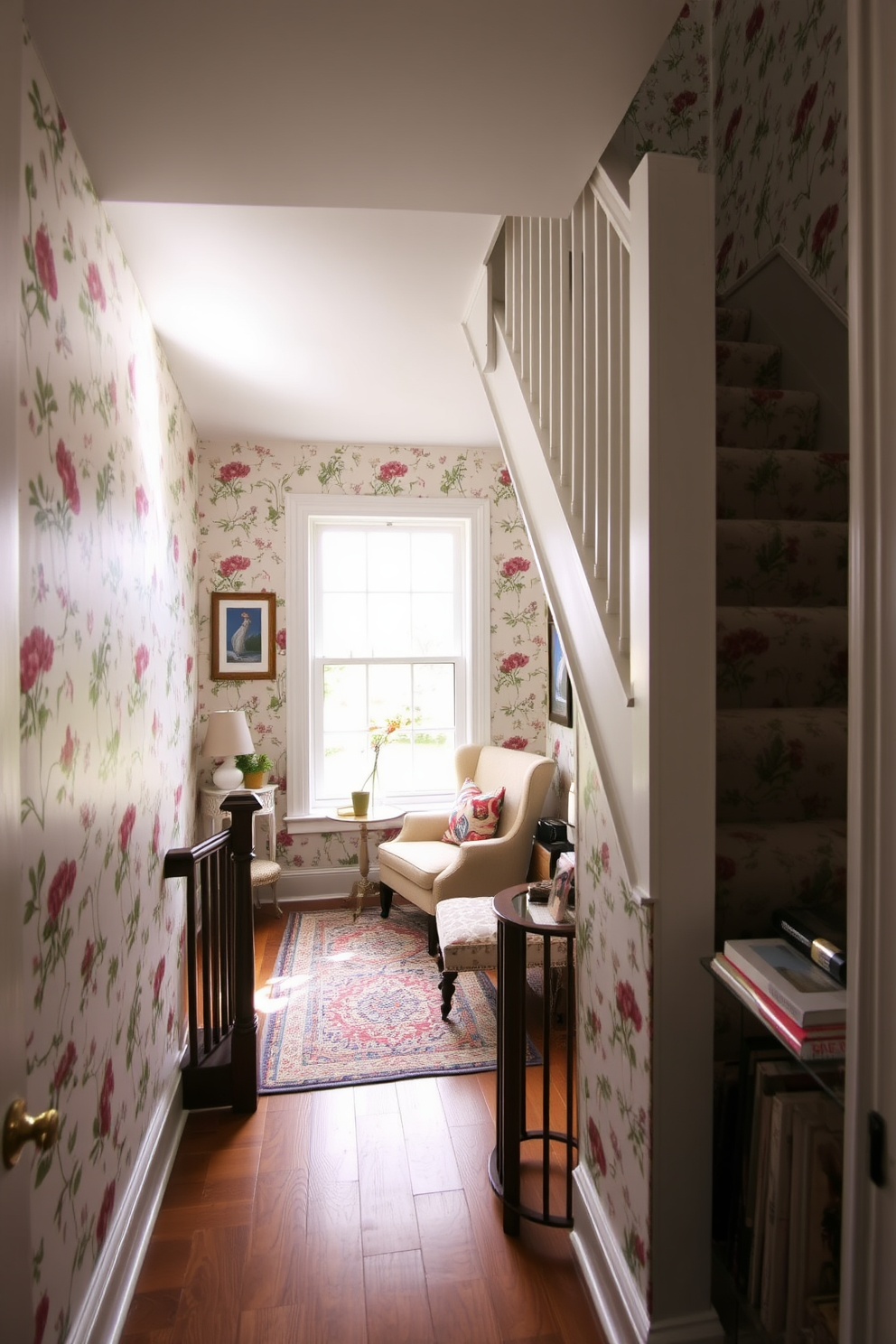 A charming staircase landing featuring whimsical wallpaper adorned with colorful floral patterns. The landing includes a cozy reading nook with a plush armchair and a small side table, creating an inviting space to relax. Natural light floods the area through a large window, highlighting the intricate details of the wallpaper. A decorative rug adds warmth to the wooden floor, while a small bookshelf showcases a curated collection of books and decorative items.