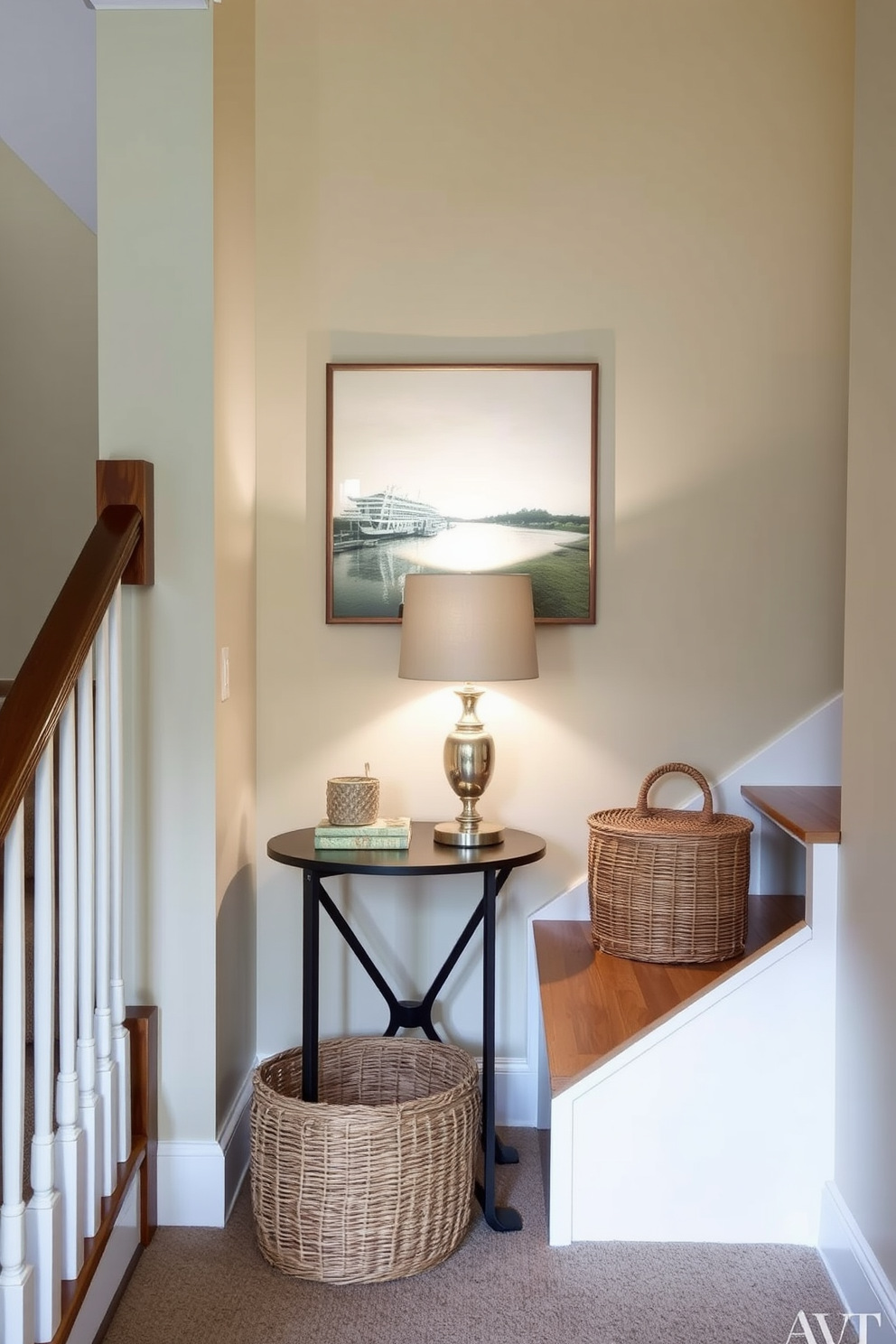 A cozy staircase landing with a small side table positioned against the wall. On the table, a stylish lamp casts a warm glow, creating an inviting atmosphere. The walls are painted in a soft neutral tone, complemented by a beautiful piece of artwork above the table. A woven basket sits nearby, adding texture and functionality to the space.