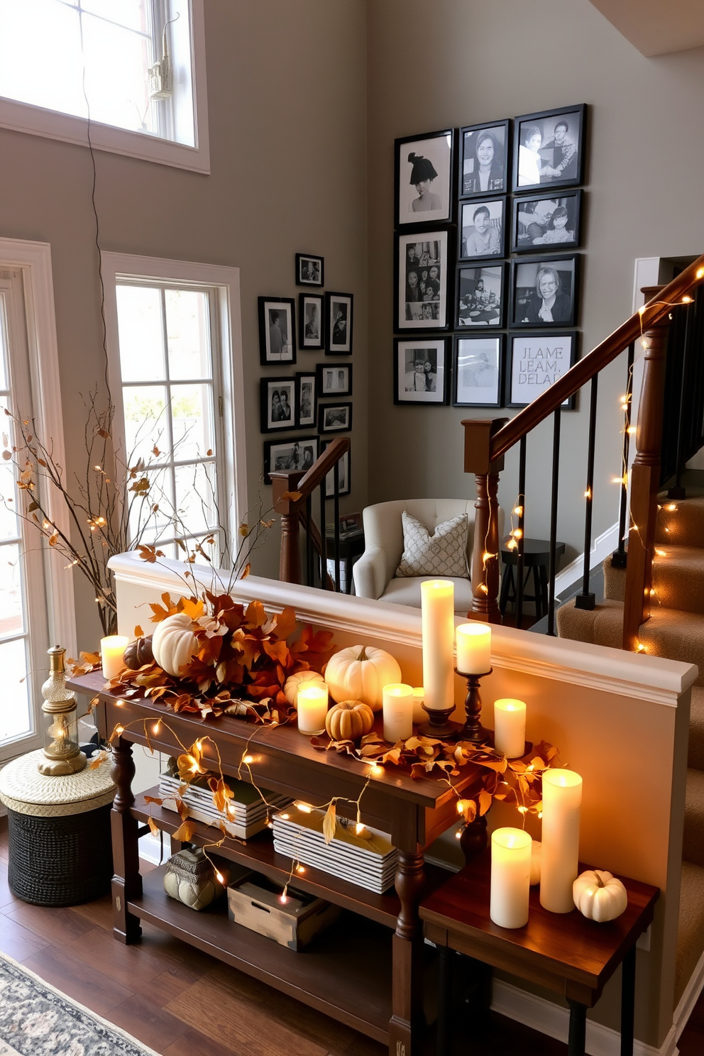 A seasonal decor display area featuring a large wooden console table adorned with a mix of autumn leaves and pumpkins. Soft golden lights are draped across the table, complemented by a collection of candles in varying heights. The staircase landing is designed with a cozy reading nook, including a plush armchair and a small side table. A large window allows natural light to flood the space, highlighting a gallery wall of family photos and artwork.