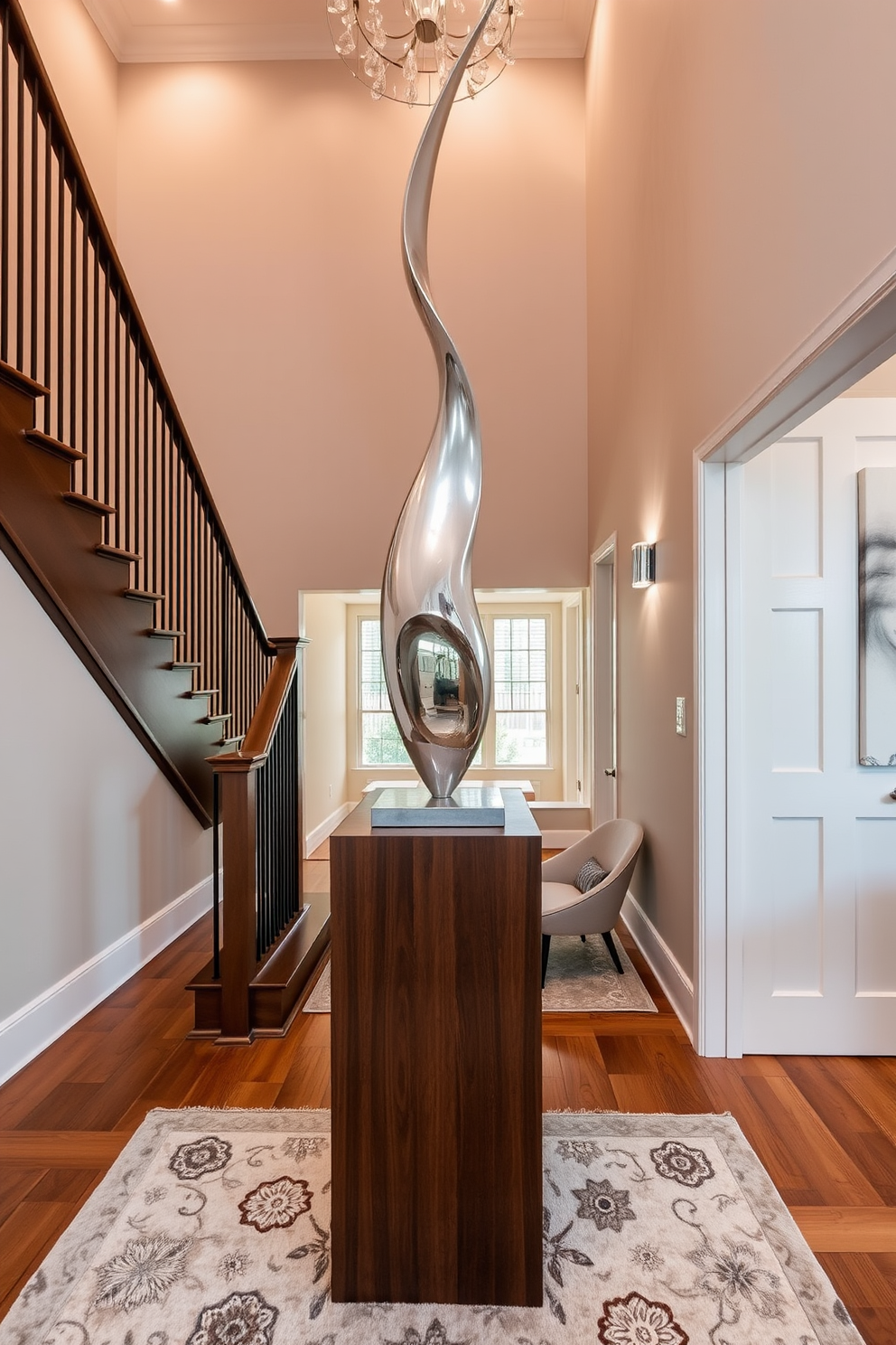 A stunning staircase landing features a unique sculpture made of polished metal, standing elegantly on a sleek wooden pedestal. The walls are adorned with soft, ambient lighting that highlights the art piece, creating a focal point in the space. The landing is complemented by a plush area rug in muted tones, providing a cozy contrast to the hardwood floor. A small seating area with a contemporary chair invites relaxation while enjoying the view of the art and the staircase.