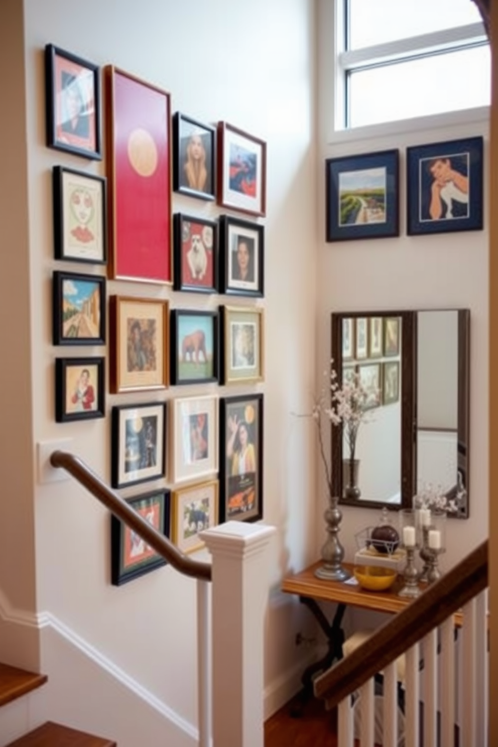 A stylish gallery wall featuring a mix of framed art pieces in various sizes and styles. The wall is painted in a soft white hue to enhance the vibrant colors of the artwork. The staircase landing is designed with a chic console table adorned with decorative items and a large mirror above it. Soft lighting illuminates the space, creating a warm and inviting atmosphere.