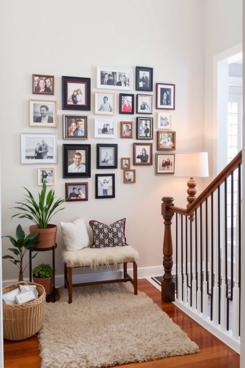 Design a photo wall featuring an eclectic mix of family pictures in various frame styles and sizes. The wall is painted in a soft neutral tone to enhance the visual impact of the photographs. Create a cozy staircase landing with a plush area rug and a small bench for seating. Add decorative elements like potted plants and a stylish lamp to create an inviting atmosphere.