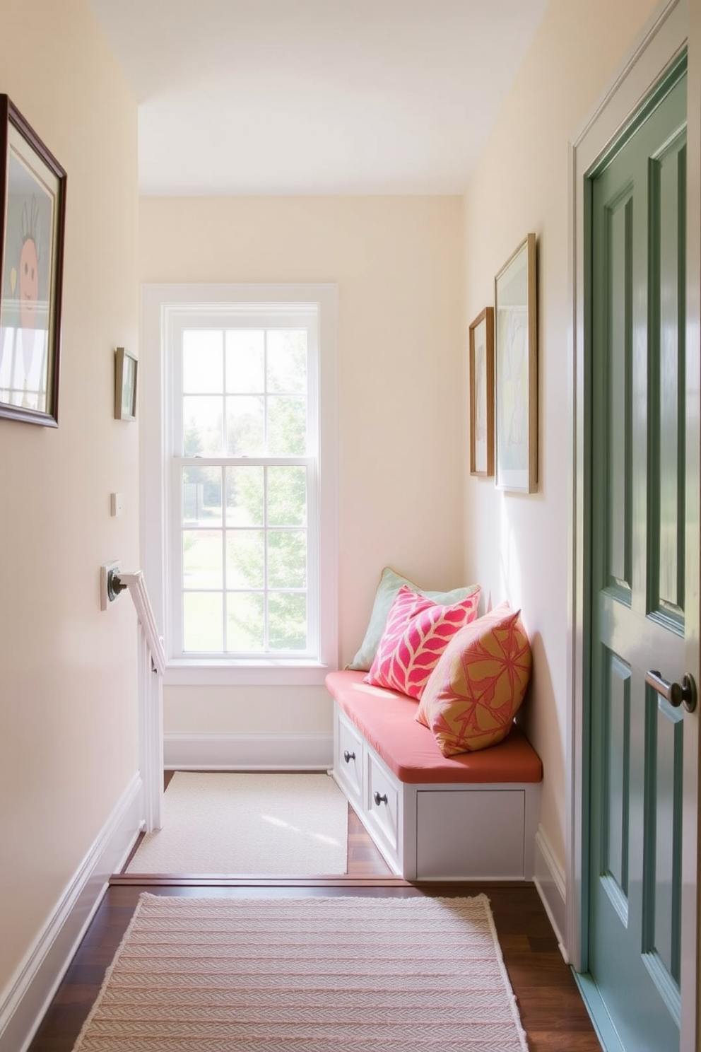 A bright and inviting staircase landing features a playful bench adorned with colorful cushions. The walls are painted in a soft pastel hue, and a large window allows natural light to fill the space, highlighting the cozy atmosphere.