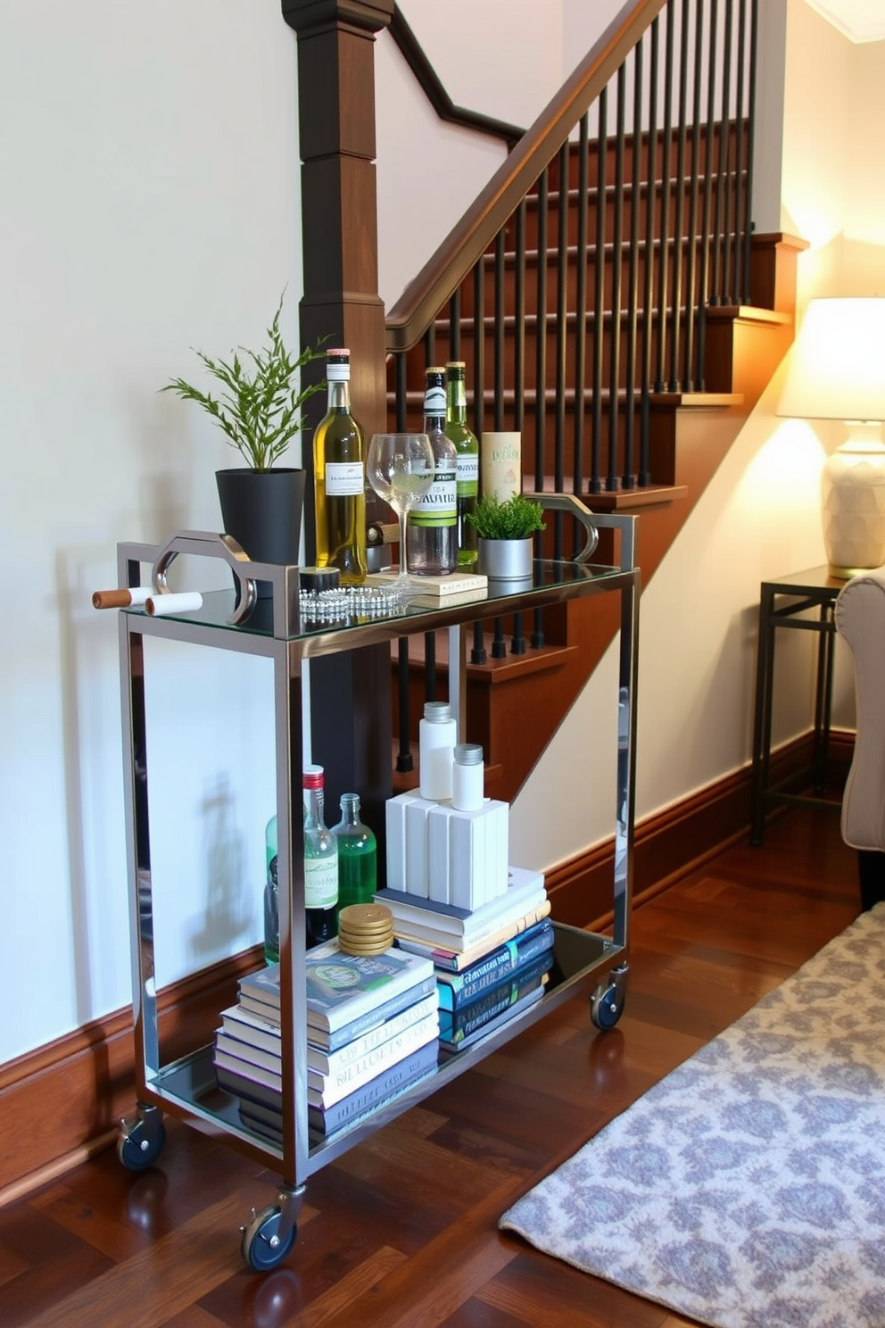 A stylish cart is placed in the staircase landing area, elegantly displaying an assortment of drinks and decorative books. The cart features a sleek metal frame with glass shelves, complemented by a few carefully arranged accessories like coasters and a small plant. The staircase landing is adorned with a chic area rug that adds warmth to the space. Soft lighting from a nearby fixture highlights the cart and creates an inviting atmosphere, making it a perfect spot for relaxation or entertaining guests.